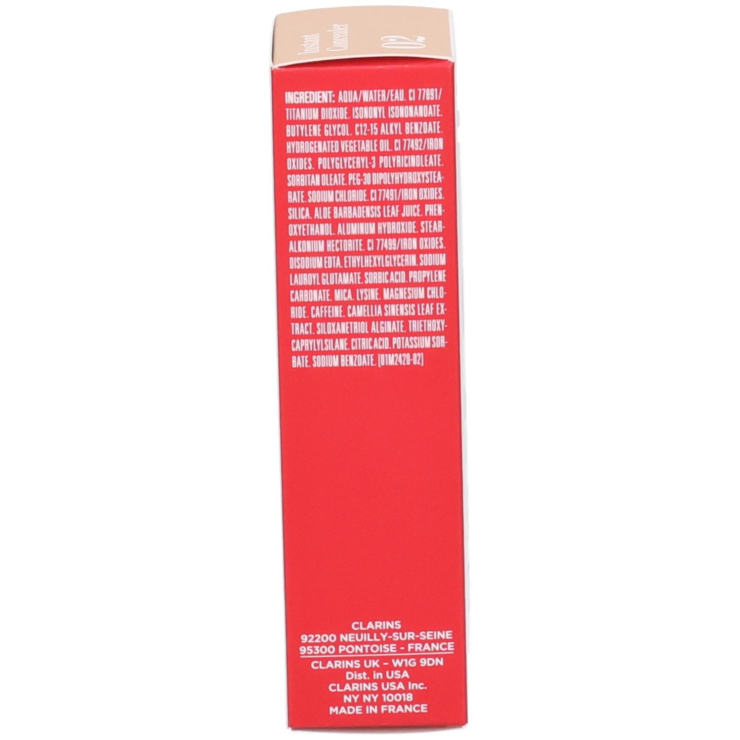 Zijkant van de Clarins Instant Concealer verpakking met ingrediënten en fabrikantinformatie.