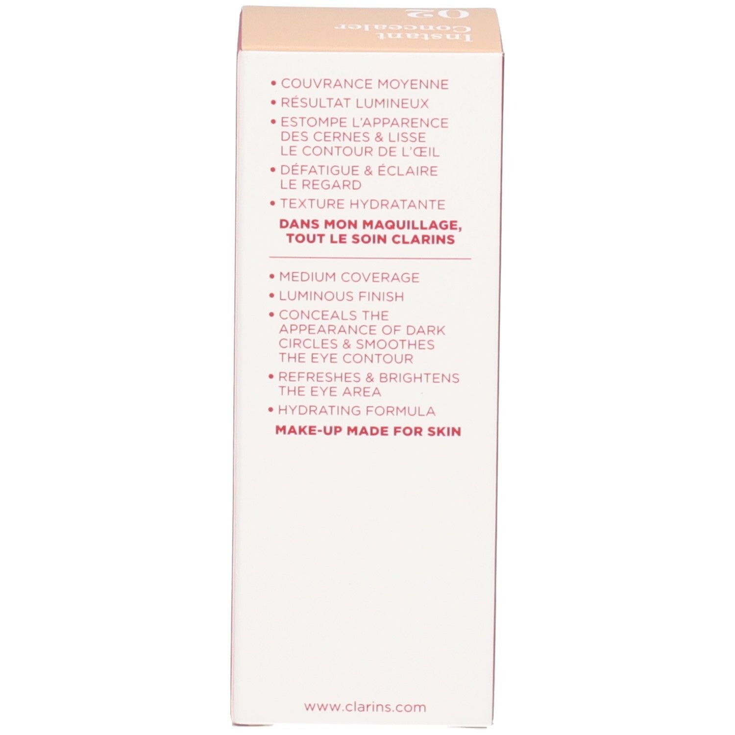 Achterkant van de Clarins Instant Concealer verpakking met productvoordelen en website.
