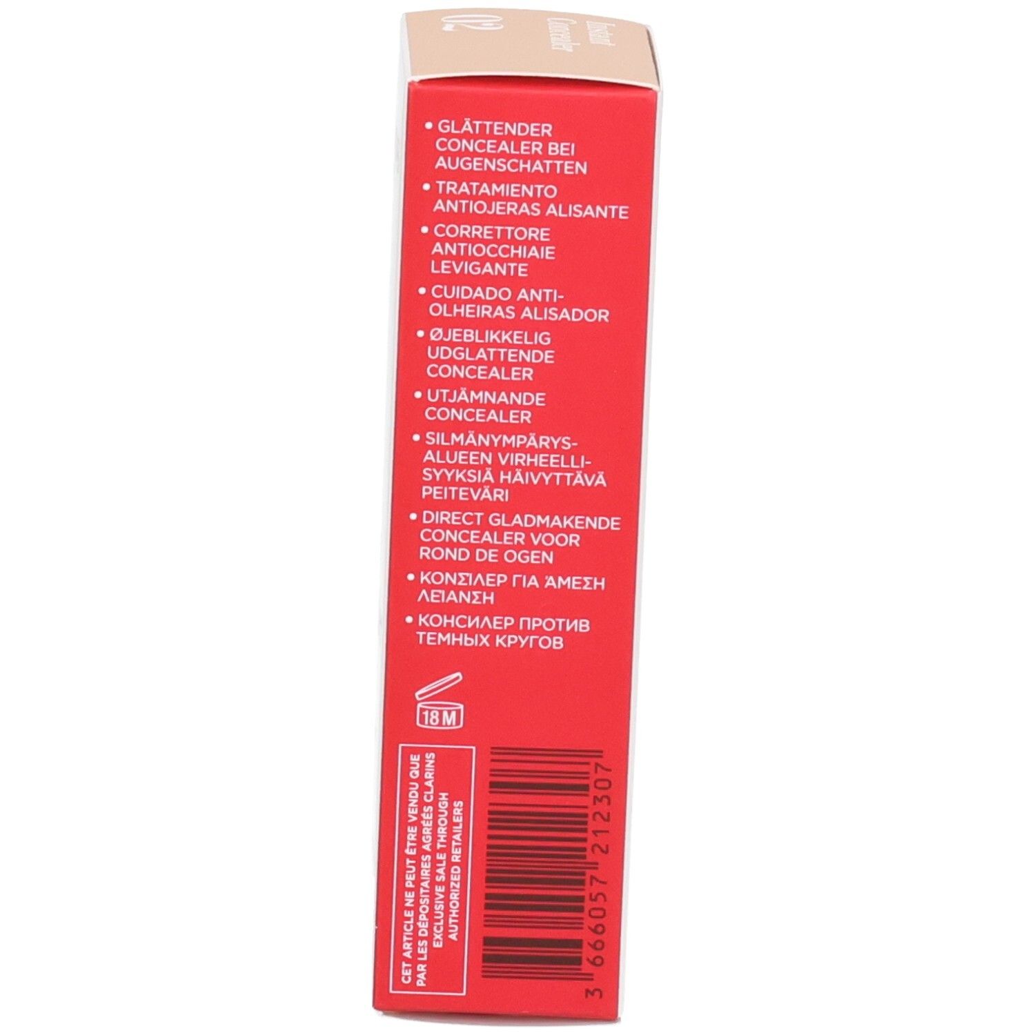 Zijkant van de Clarins Instant Concealer verpakking met toepassingsgebieden en barcode.