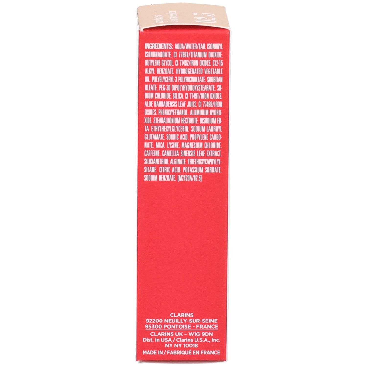 Côté de l'emballage Clarins Instant Concealer 02.5 avec liste des ingrédients.