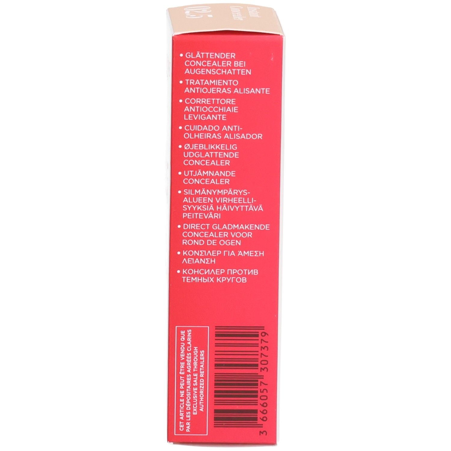Vue latérale de l'emballage Clarins Instant Concealer 02.5 avec descriptions produit multilingues.