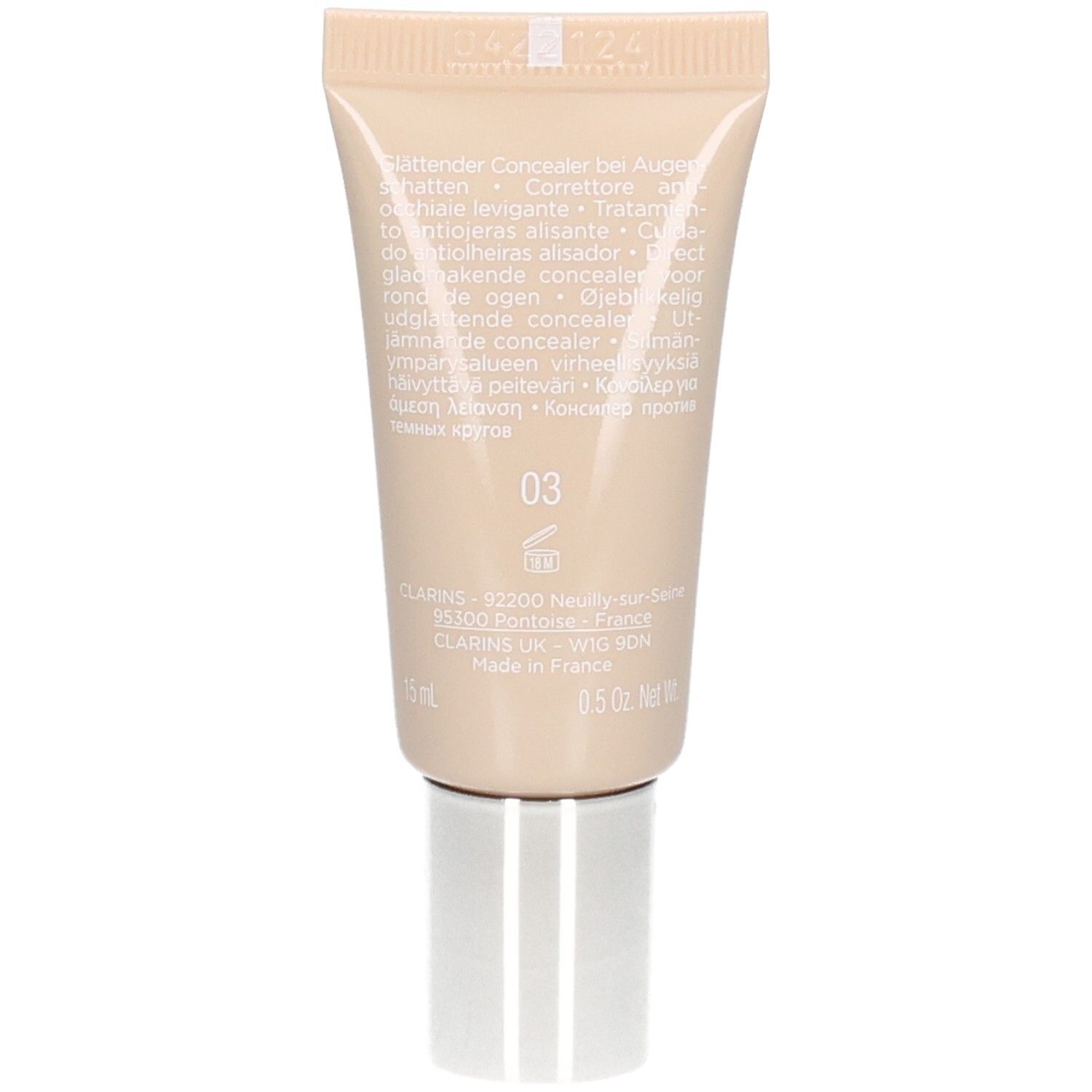 Arrière du tube Clarins Instant Concealer 03 avec informations produit et numéro de couleur 03.