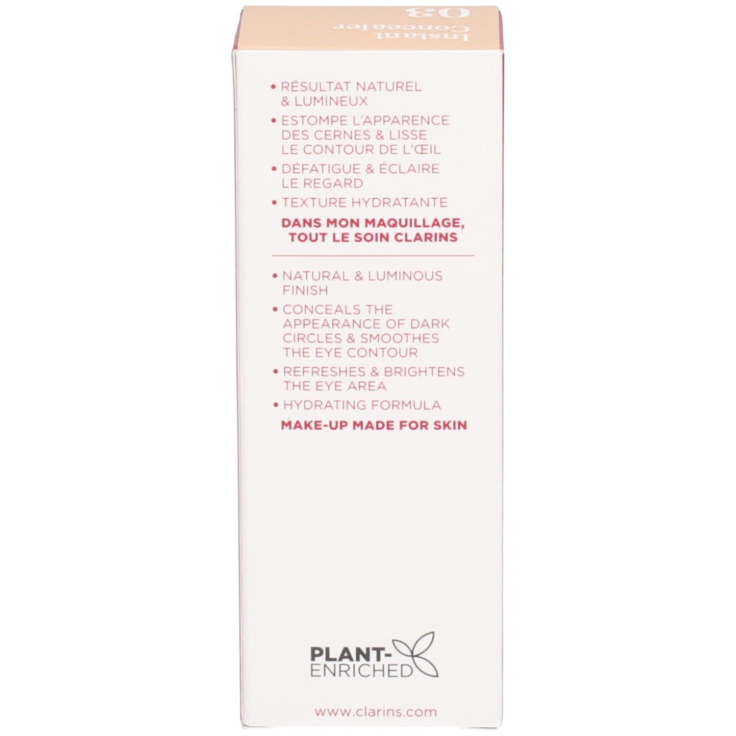 Côté de la boîte Clarins Instant Concealer 03 avec les avantages du produit en plusieurs langues.