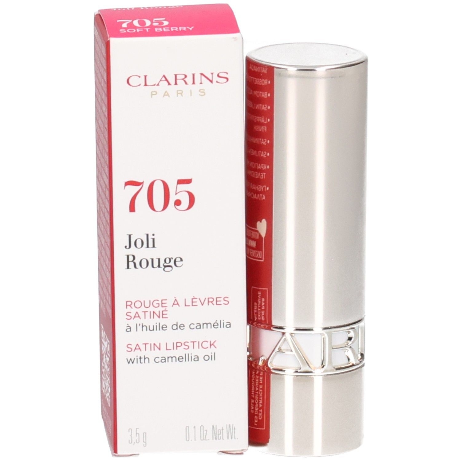 Rouge à Lèvres Satin Clarins 705 Soft Berry dans son écrin argenté avec boîte.