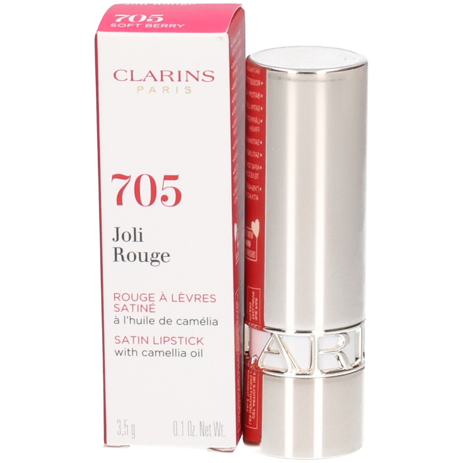 Rouge à Lèvres Satin Clarins 705 Soft Berry dans son écrin argenté avec boîte.