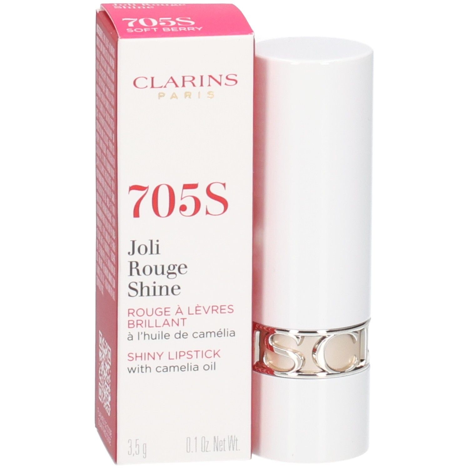 Rouge à lèvres Joli Rouge Shine 705S Soft Berry de Clarins dans son étui blanc avec emballage.