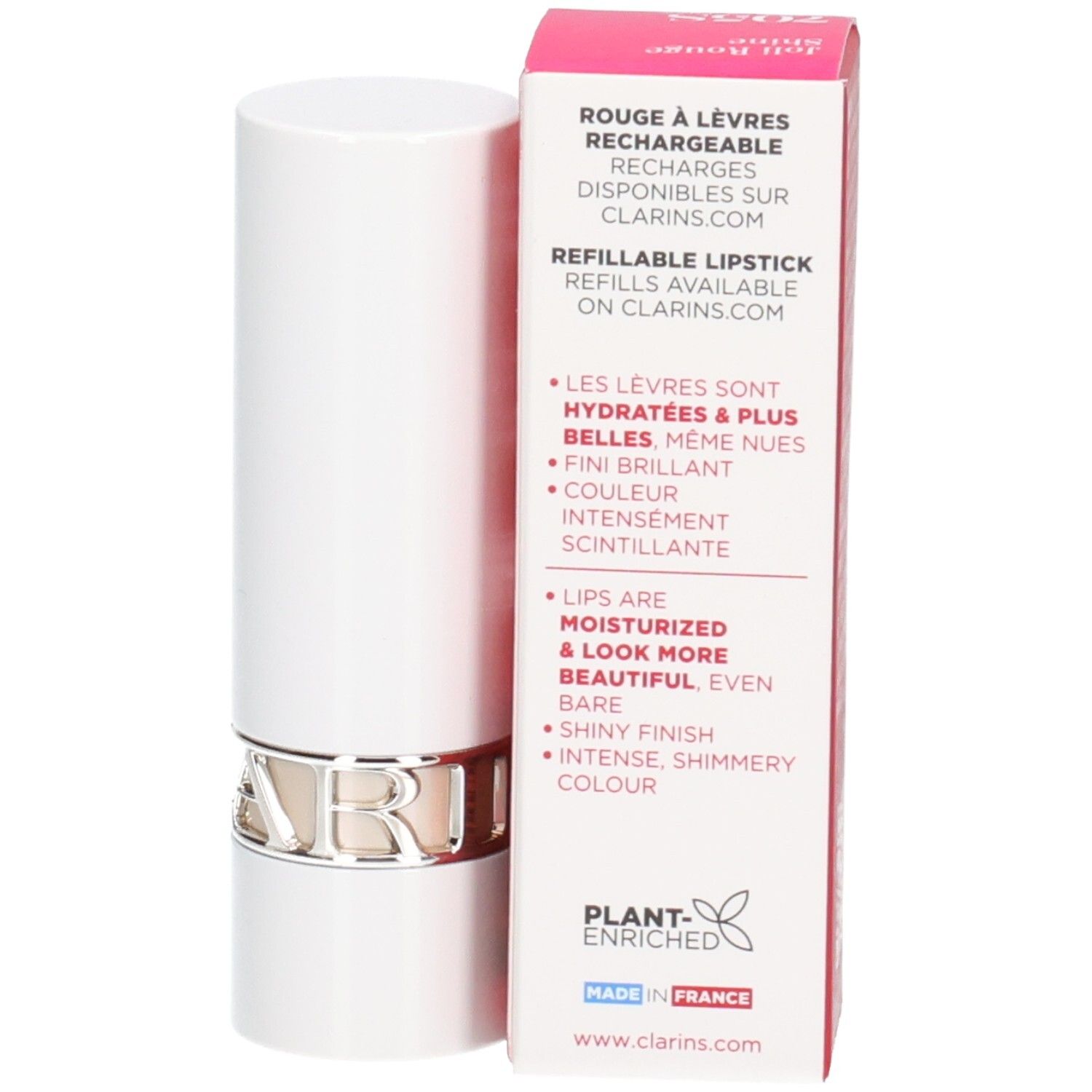Rouge à lèvres Joli Rouge Shine 705S Soft Berry Clarins, étui rechargeable avec emballage.