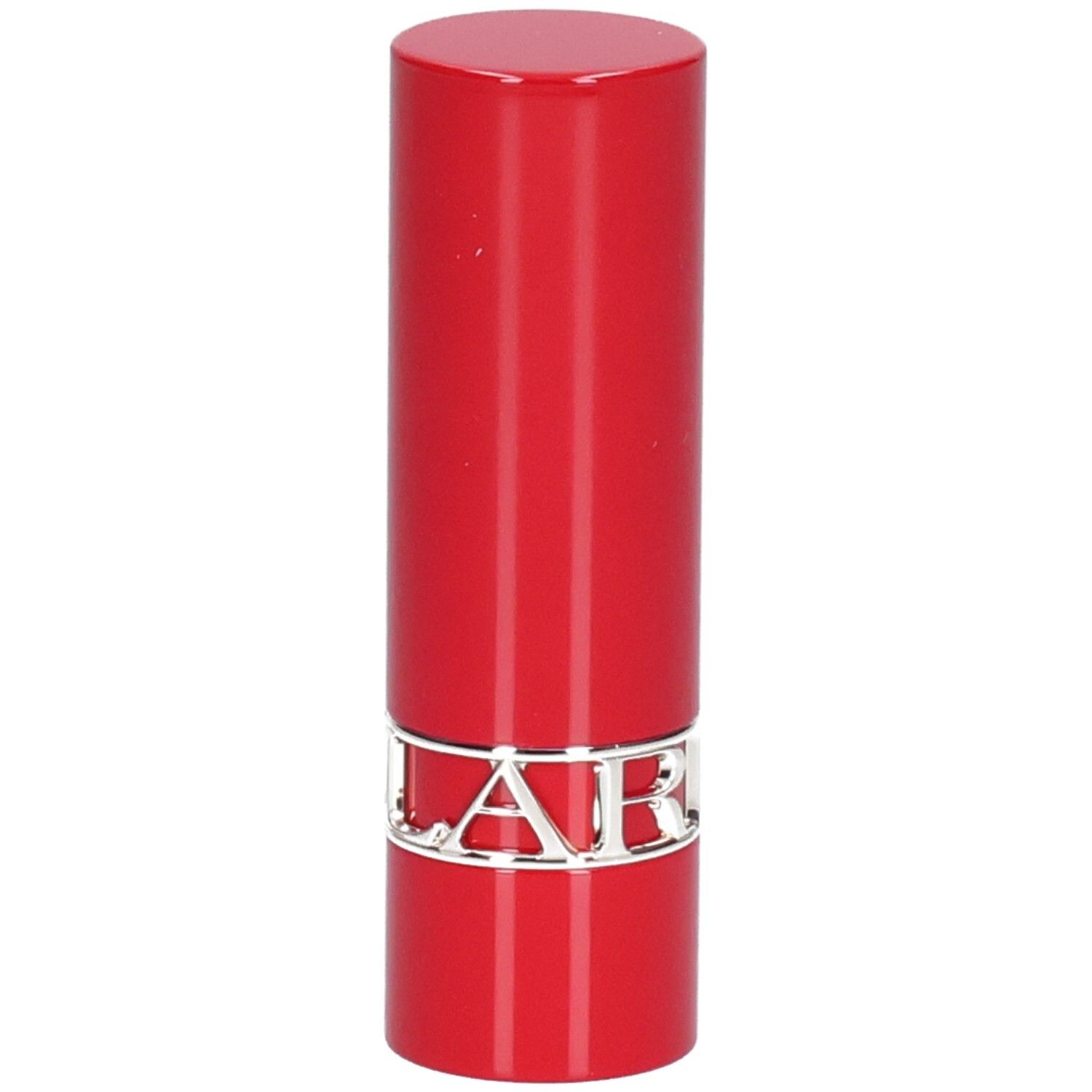 Rouge à lèvres rouge avec bande argentée et inscription CLARINS.