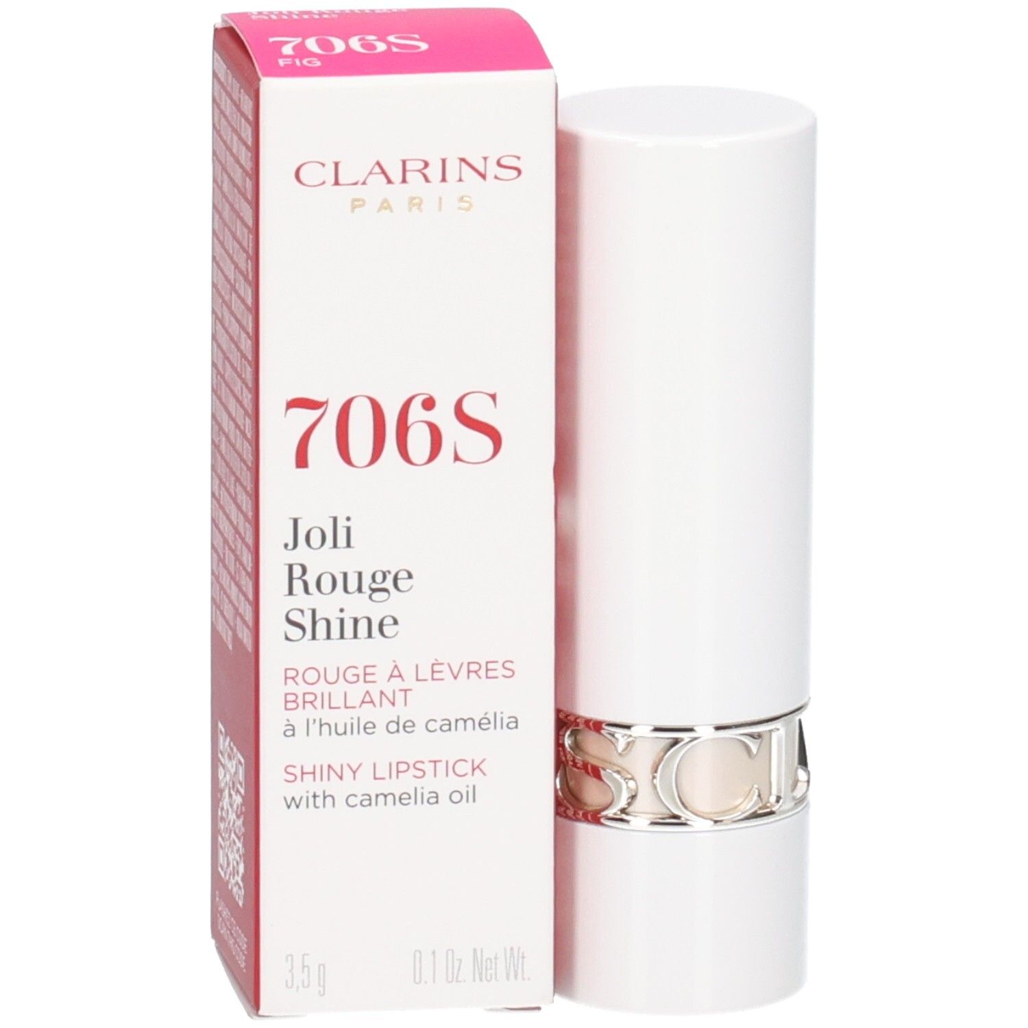 Rouge à Lèvres Brillant Joli Rouge 706S de Clarins dans un tube blanc avec anneau argenté, à côté de sa boîte.