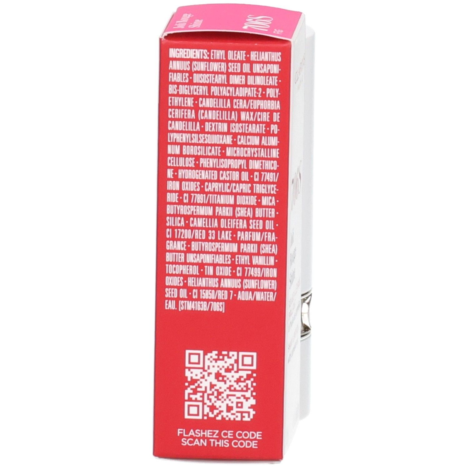 Arrière de la boîte du Rouge à Lèvres Brillant Joli Rouge 706S Clarins avec liste des ingrédients et QR code.