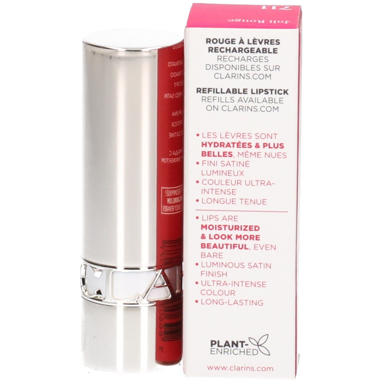 Rouge à lèvres Joli Rouge Satin Clarins 711 Papaye, tube argenté avec boîte, rechargeable.