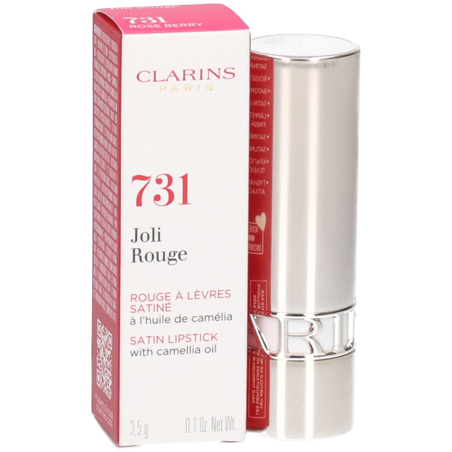 Rouge à lèvres satiné Clarins Joli Rouge 731 Rose Berry, tube argenté avec boîte.
