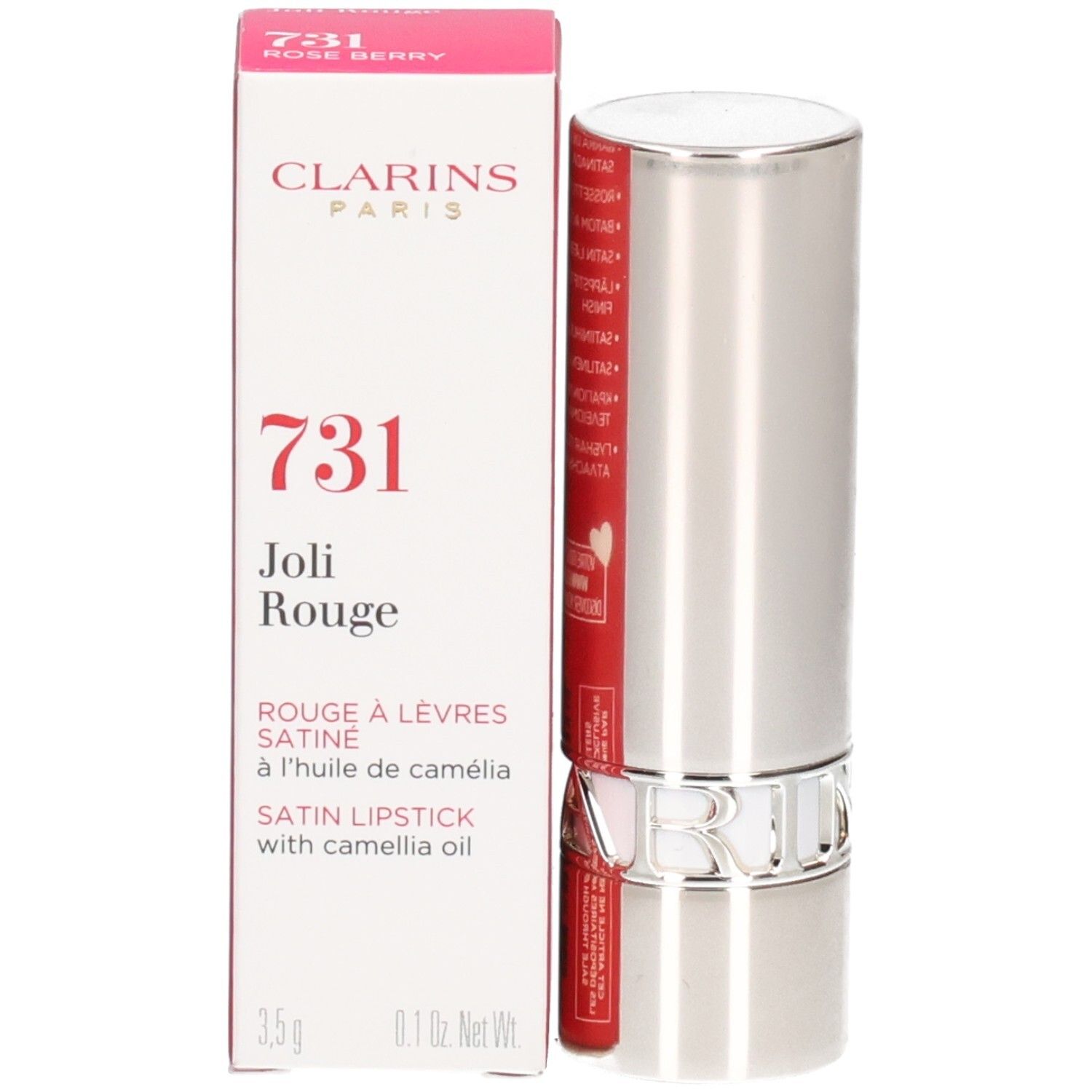 Rouge à lèvres satiné Clarins Joli Rouge 731 Rose Berry, tube argenté avec boîte.