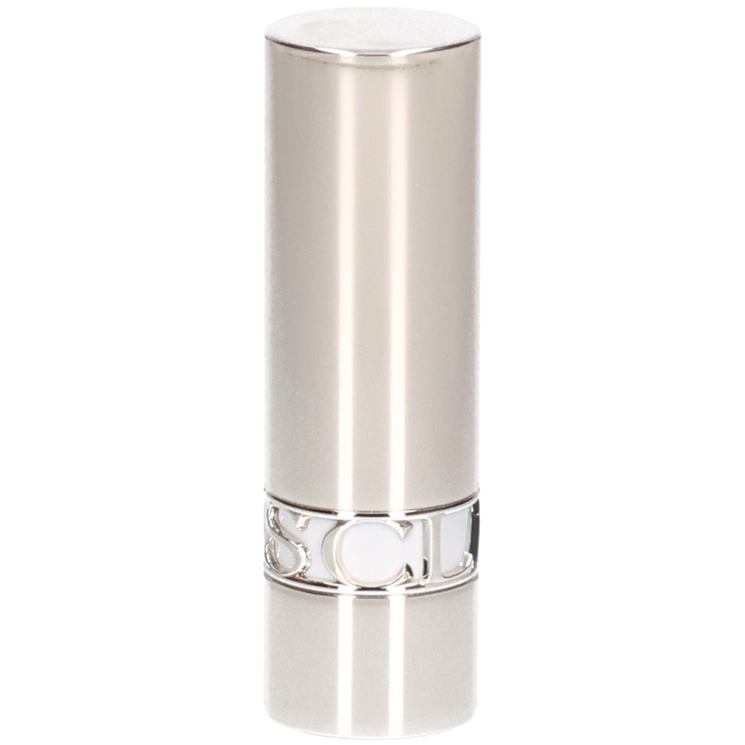 Zilveren lippenstiftbuis, glad oppervlak met verticale lijnen.