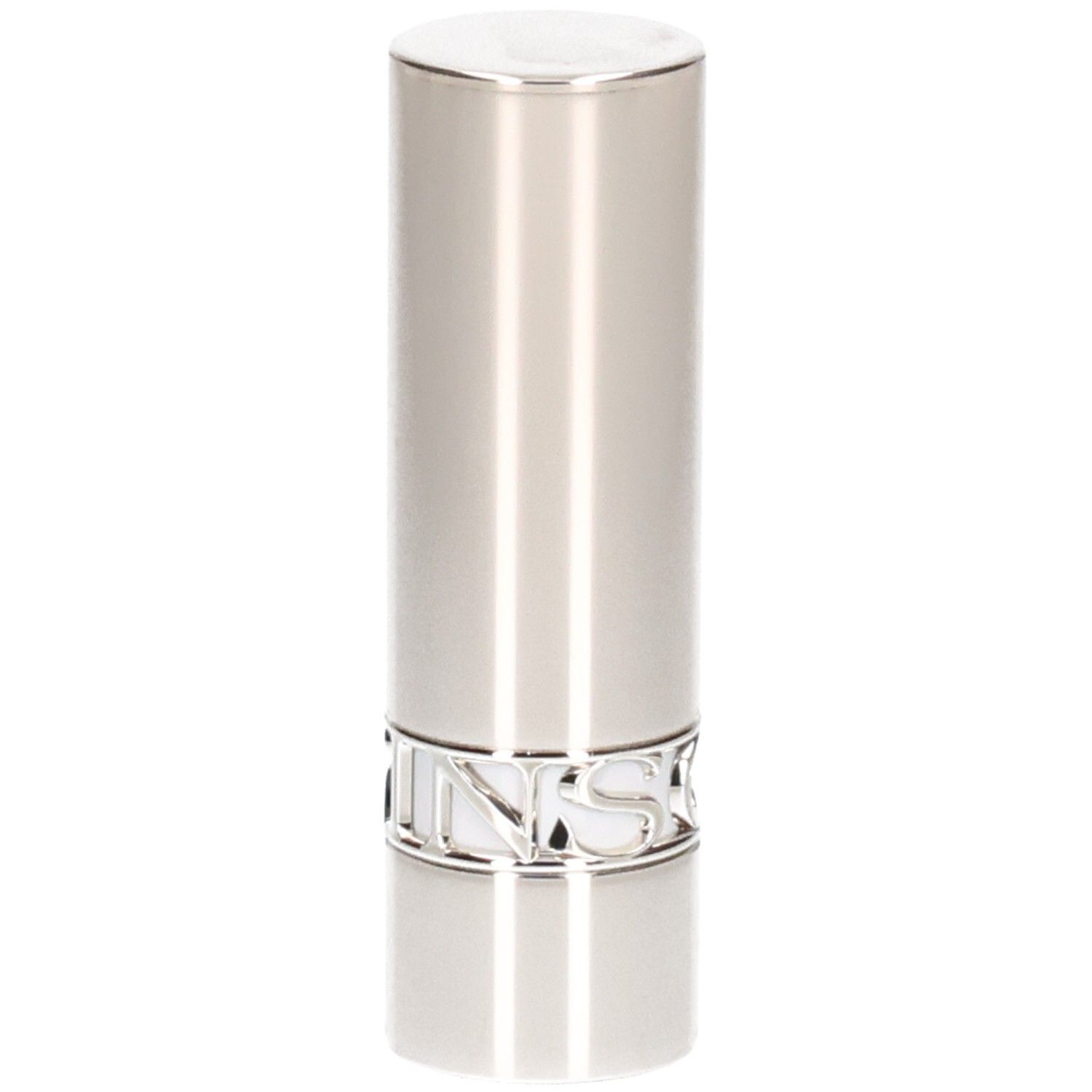Zilveren lippenstiftbuis, glad oppervlak met verticale lijnen.