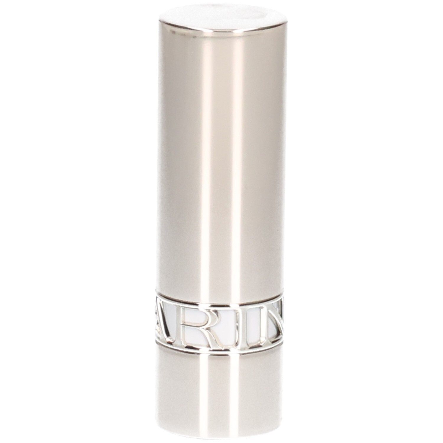Zilveren lippenstiftbuis, glad oppervlak met verticale lijnen.