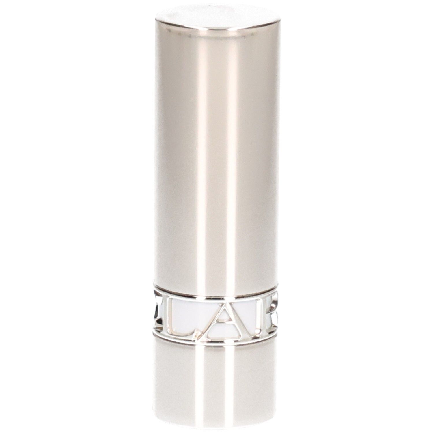 Zilveren lippenstiftbuis, glad oppervlak met verticale lijnen.