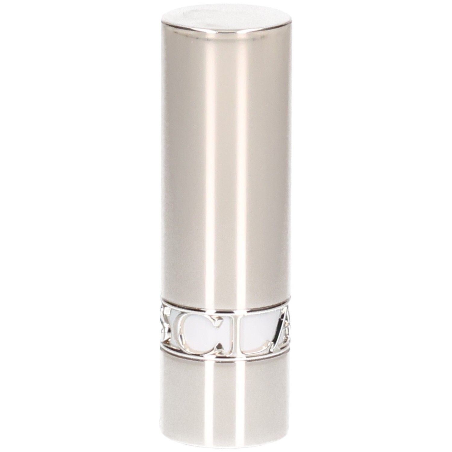 Zilveren lippenstiftbuis, glad oppervlak met verticale lijnen.