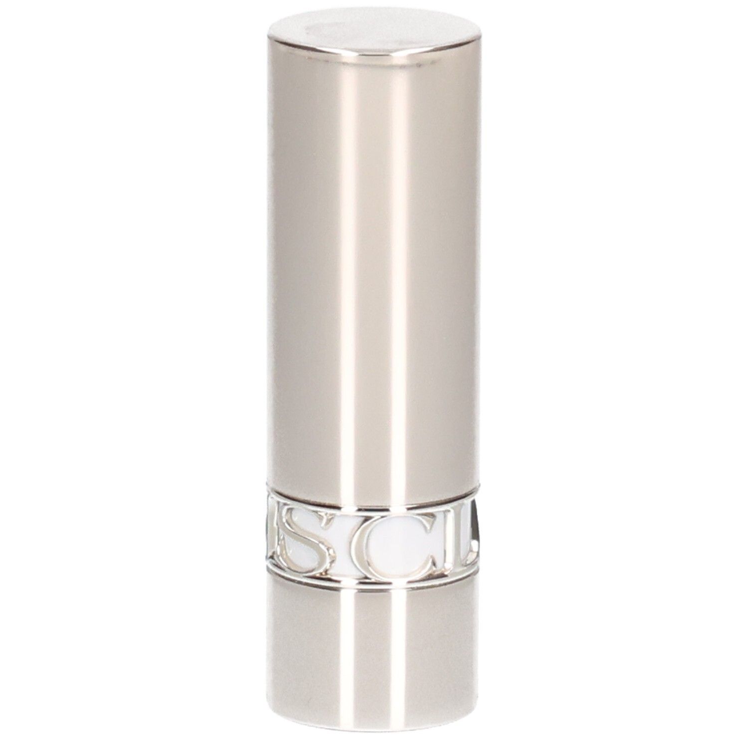 Zilveren lippenstiftbuis, glad oppervlak met verticale lijnen.