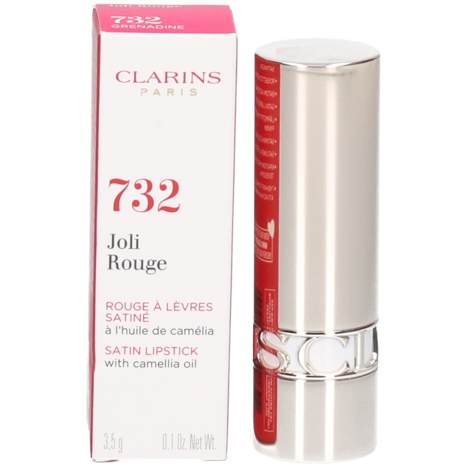 Clarins Joli Rouge 732 Grenadine lippenstift in zilveren huls en verpakking.