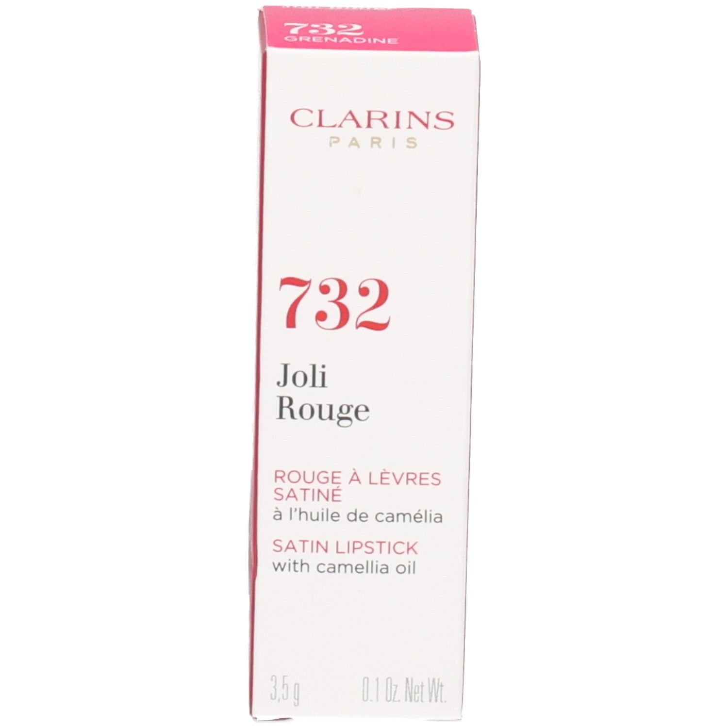 Clarins Joli Rouge 732 Grenadine lippenstift in zilveren huls en verpakking.
