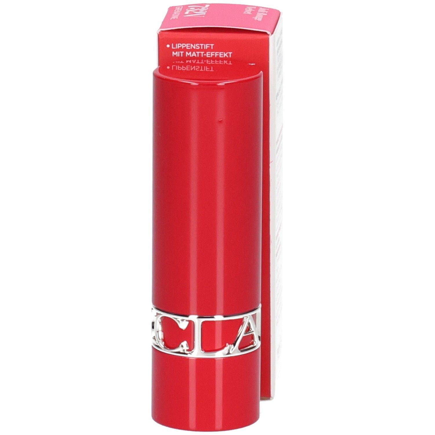 Rouge à Lèvres Velvet 732V Grenadine de Clarins dans un tube rouge avec logo CLARINS argenté. Boîte en carton à côté.