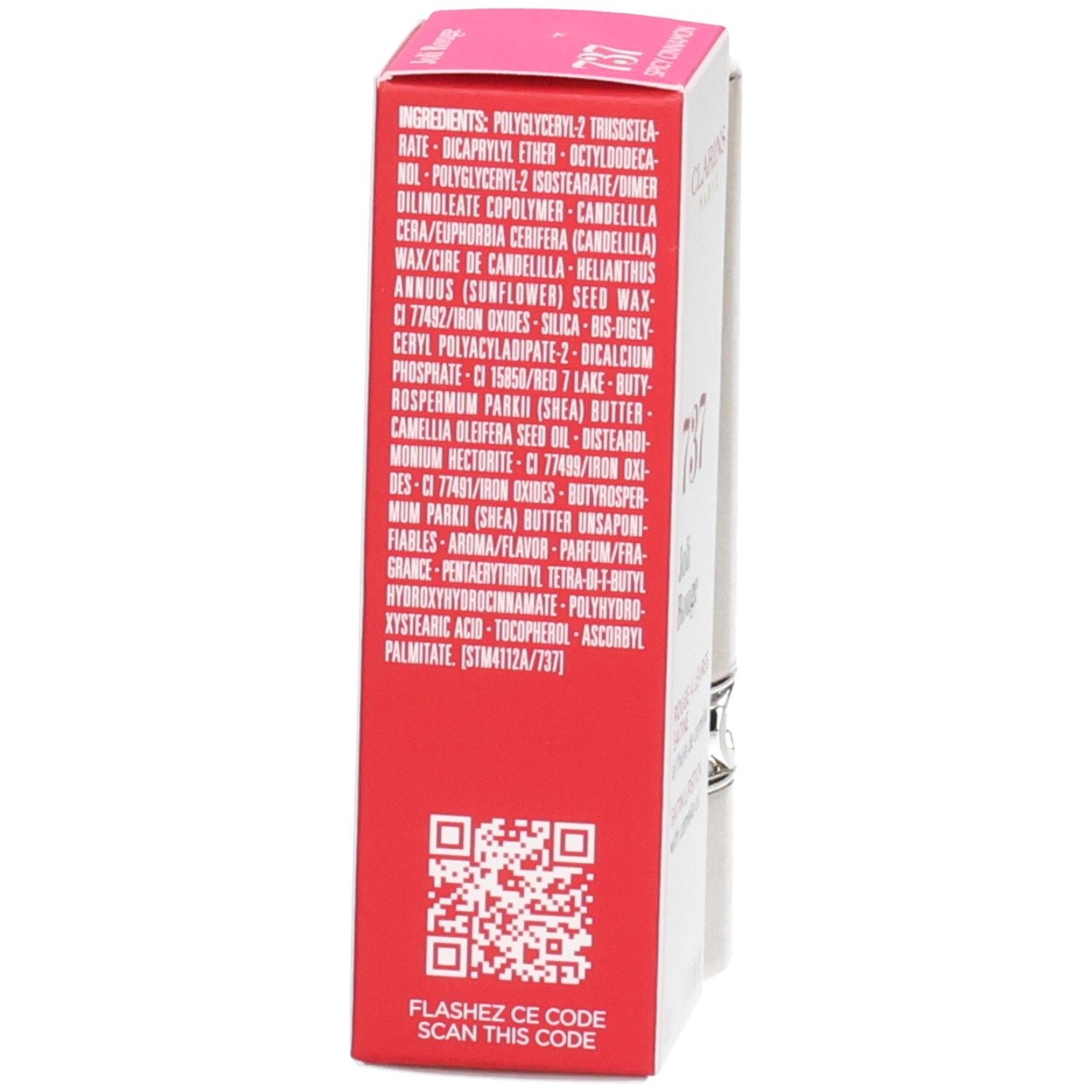 Arrière de la boîte du rouge à lèvres Joli Rouge Satin Clarins avec liste des ingrédients et QR code.