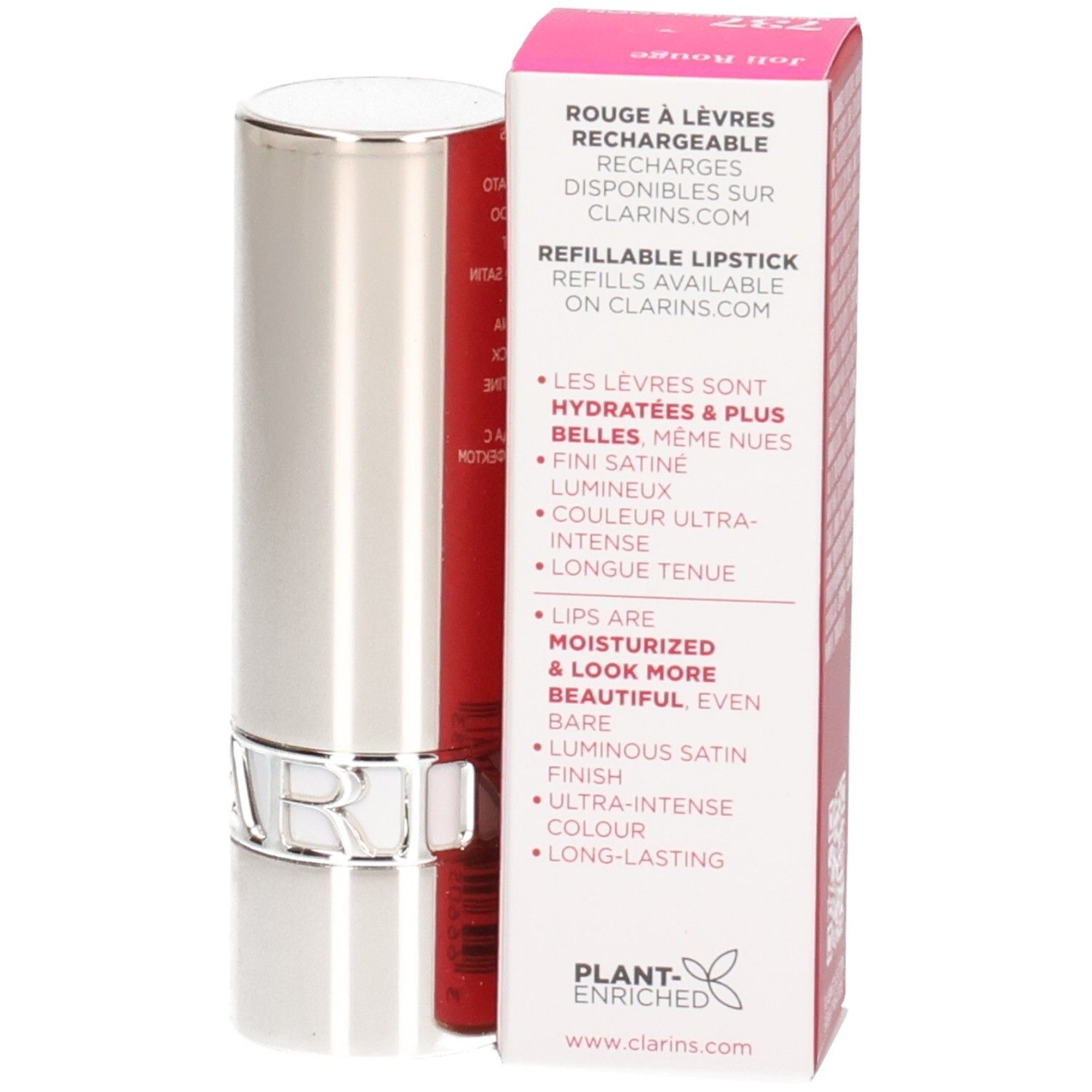 Rouge à lèvres Joli Rouge Satin Clarins 737 Spicy Cinnamon rechargeable, écrin argenté avec boîte.