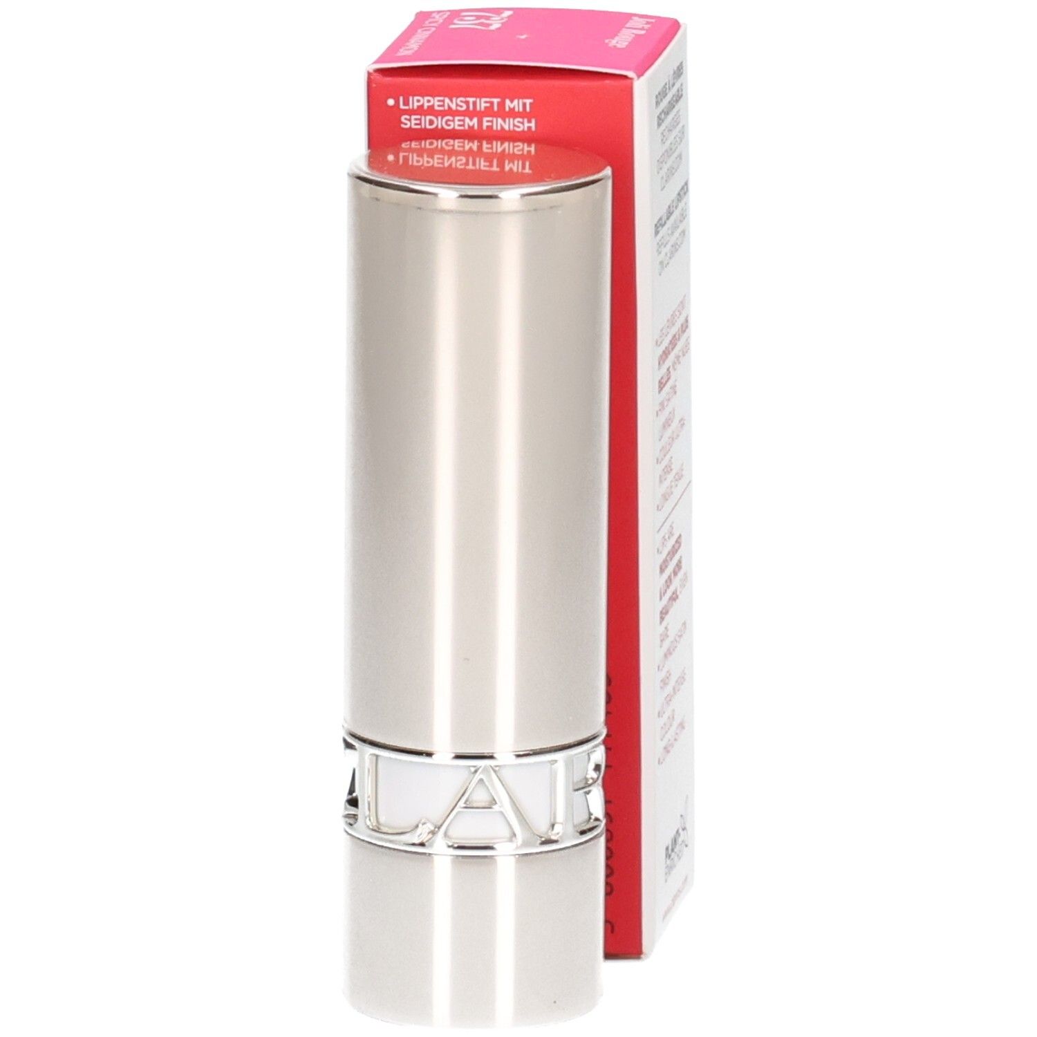 Rouge à lèvres Joli Rouge Satin Clarins 737 Spicy Cinnamon, écrin argenté, boîte sur le côté.