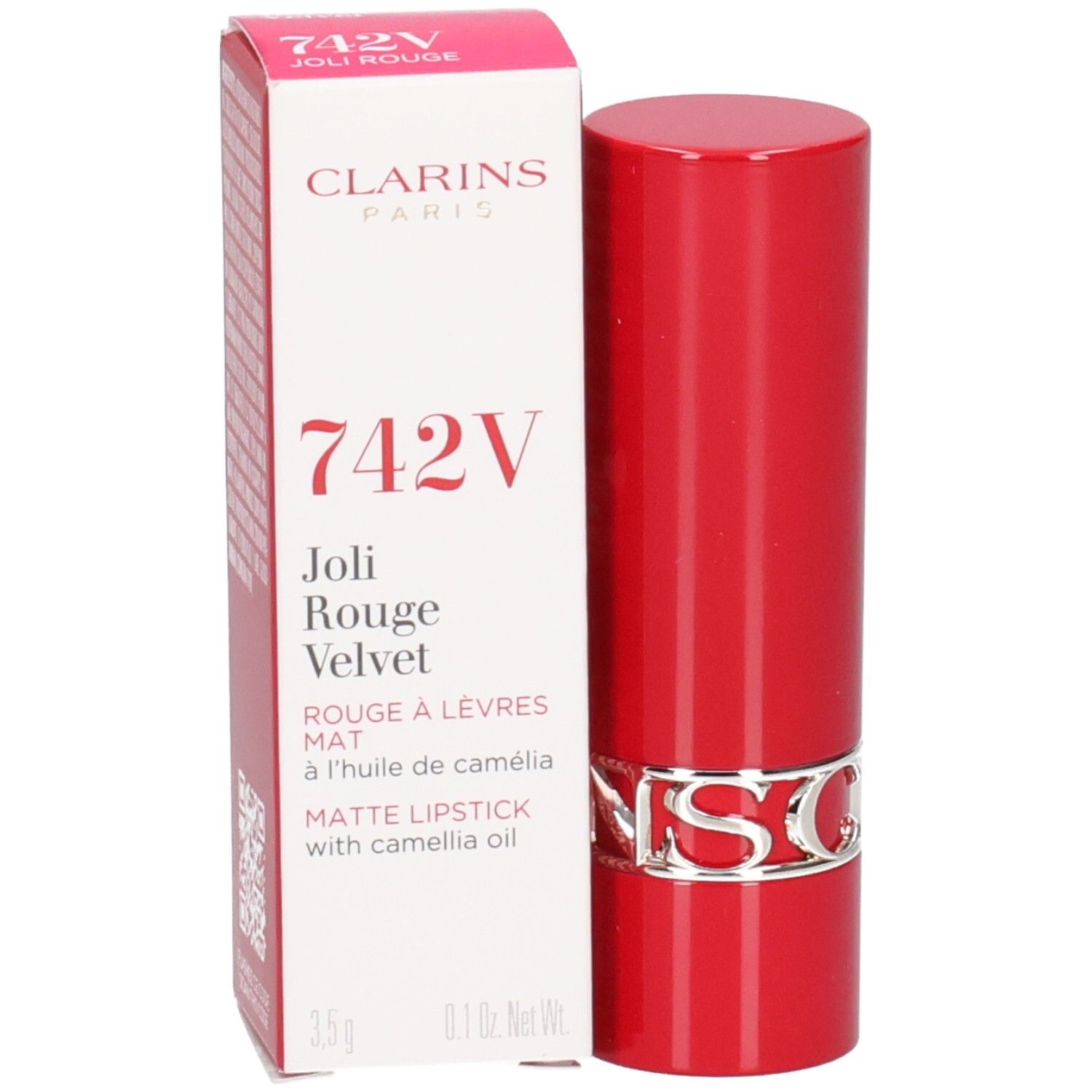 Clarins Joli Rouge Velvet 742V lippenstift in rood met zilveren CLARINS-logo. Kartonnen verpakking ernaast.