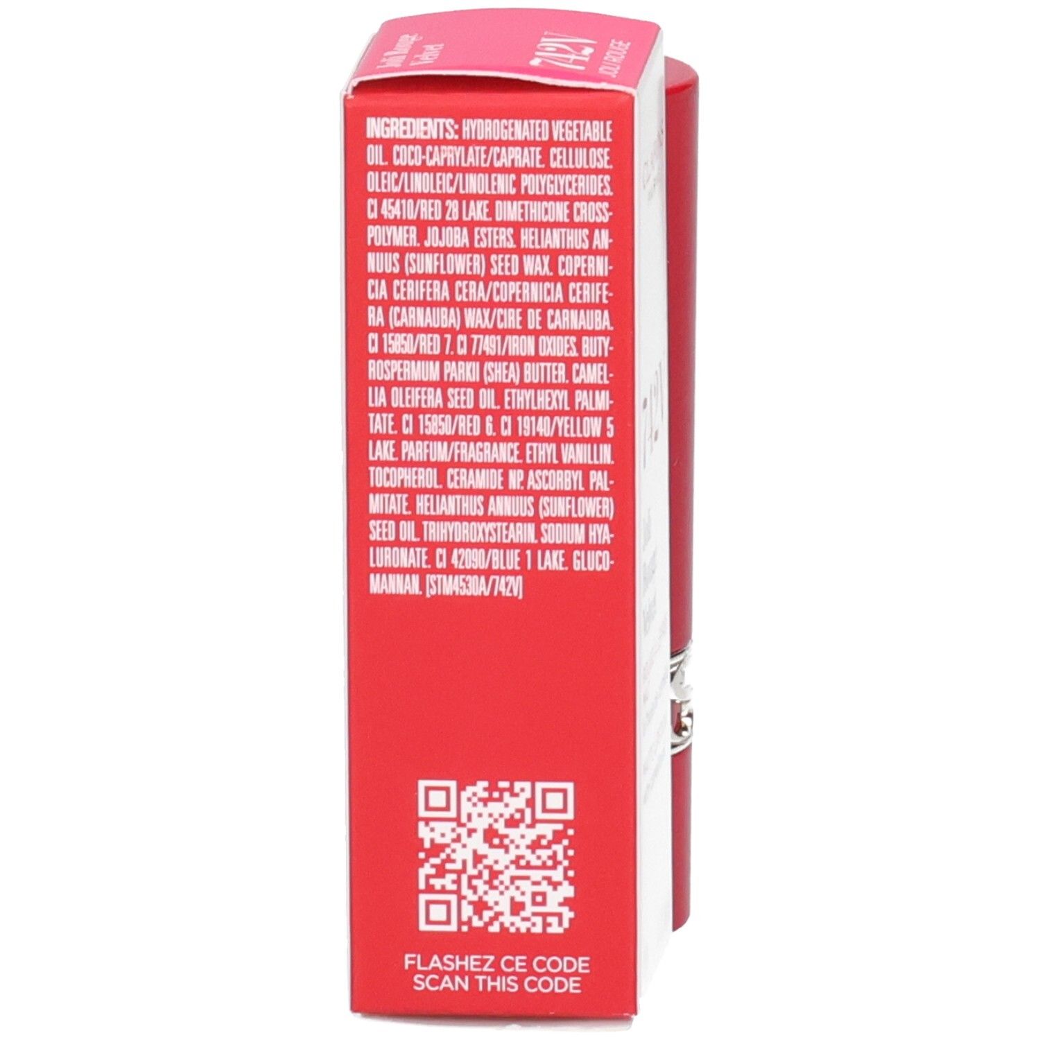 Achterkant van de Clarins Joli Rouge Velvet 742V lippenstiftverpakking met ingrediënten en QR-code.