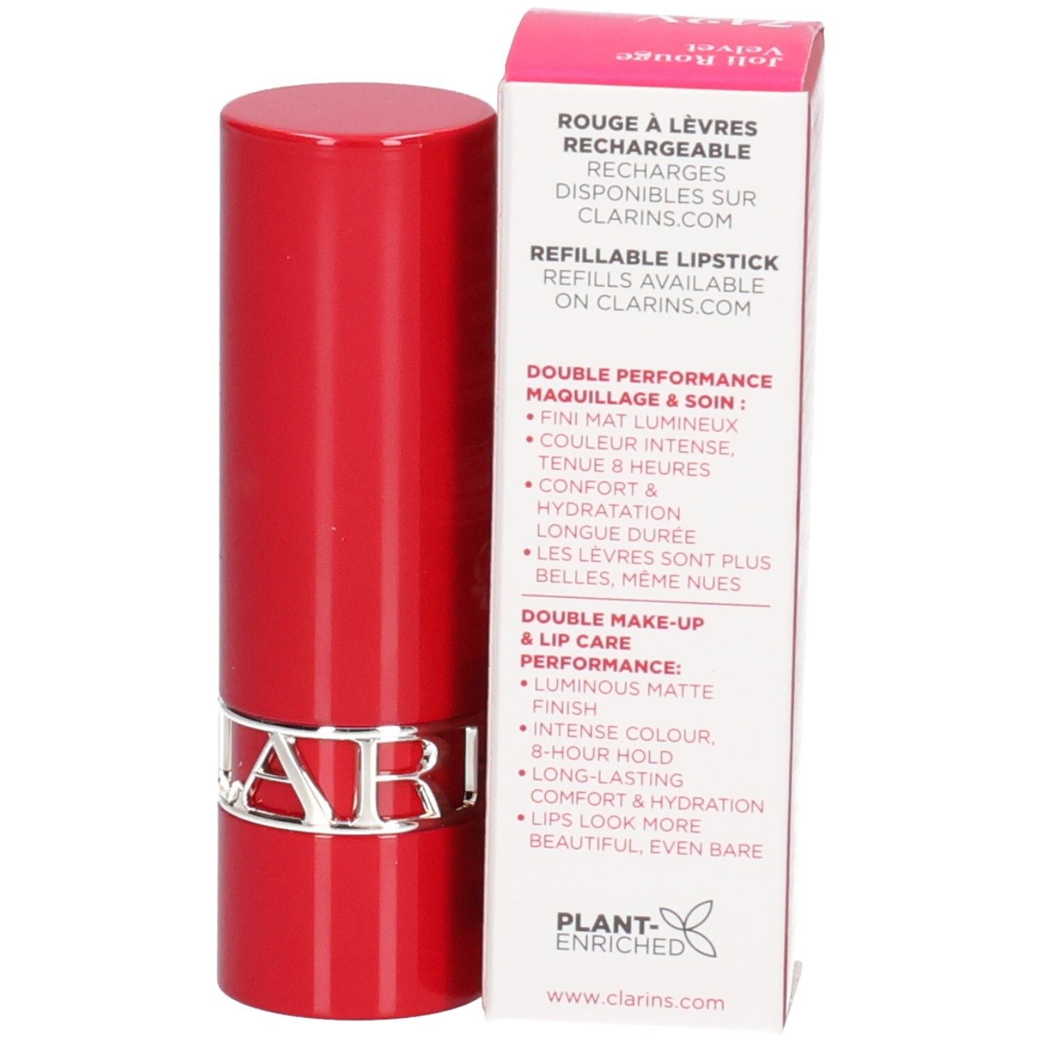Clarins Joli Rouge Velvet 742V lippenstift in rood, achterkant. Kartonnen verpakking met productinformatie.