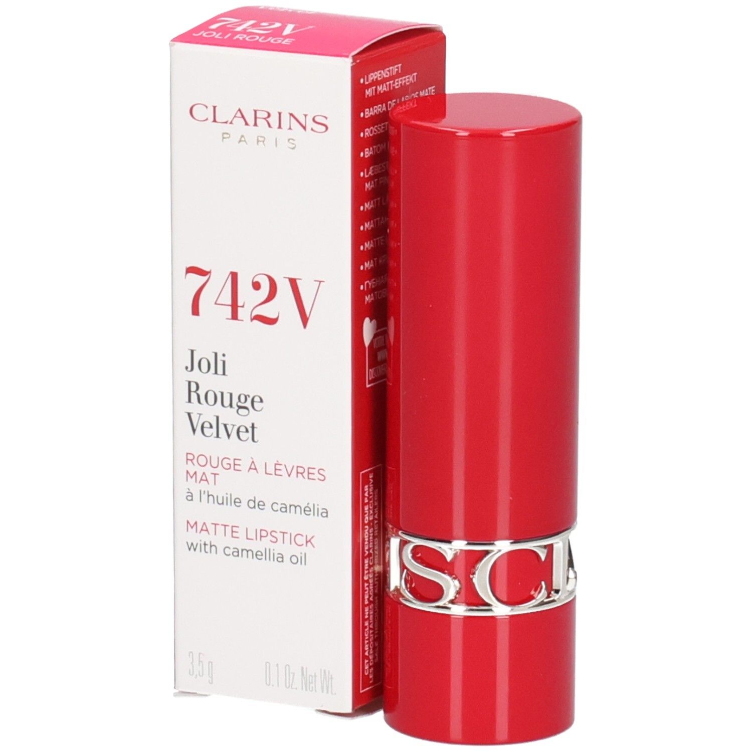 Clarins Joli Rouge Velvet 742V lippenstift in rood met zilveren CLARINS-logo. Kartonnen verpakking ernaast.
