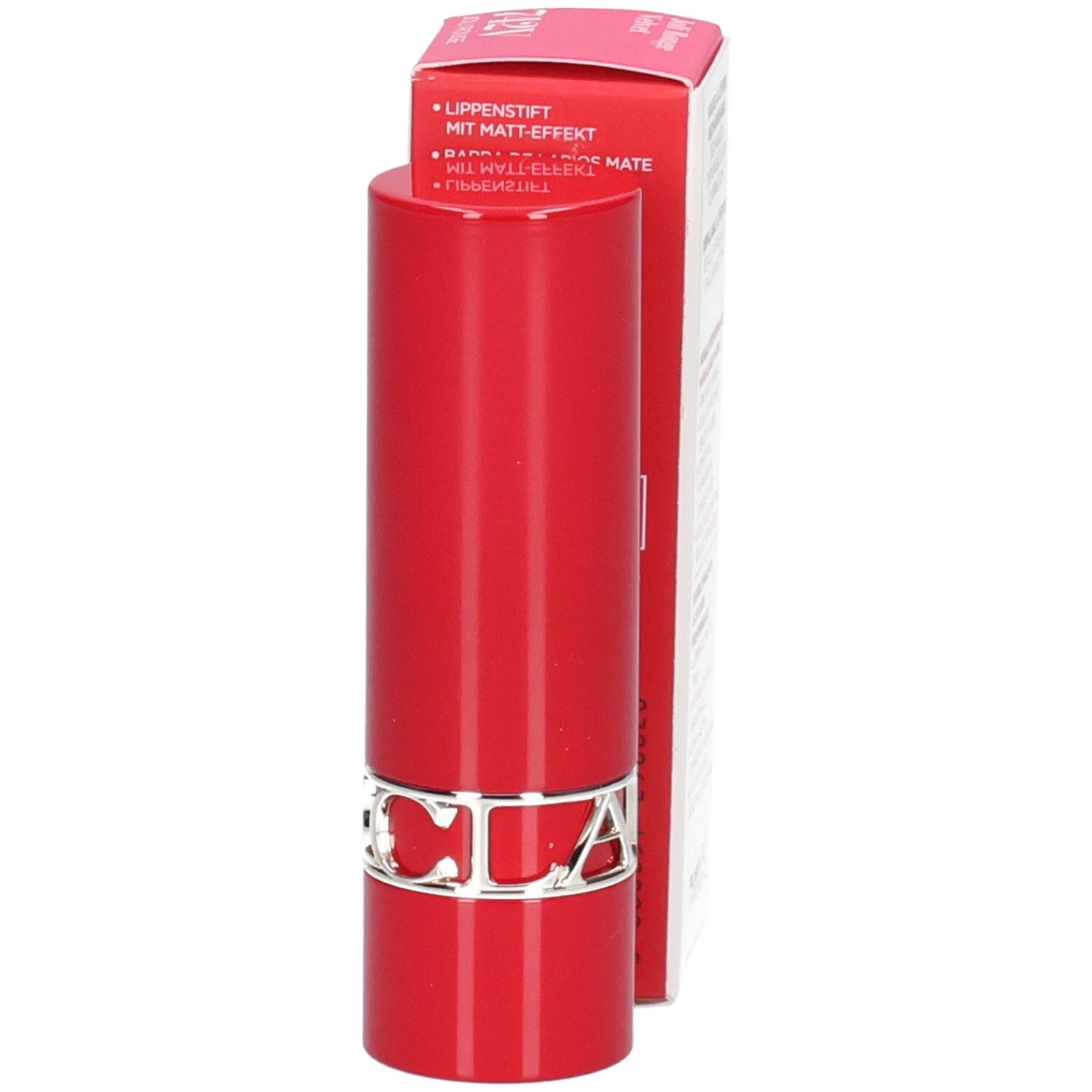 Clarins Joli Rouge Velvet 742V lippenstift in rood, zijaanzicht. Kartonnen verpakking met productinformatie.