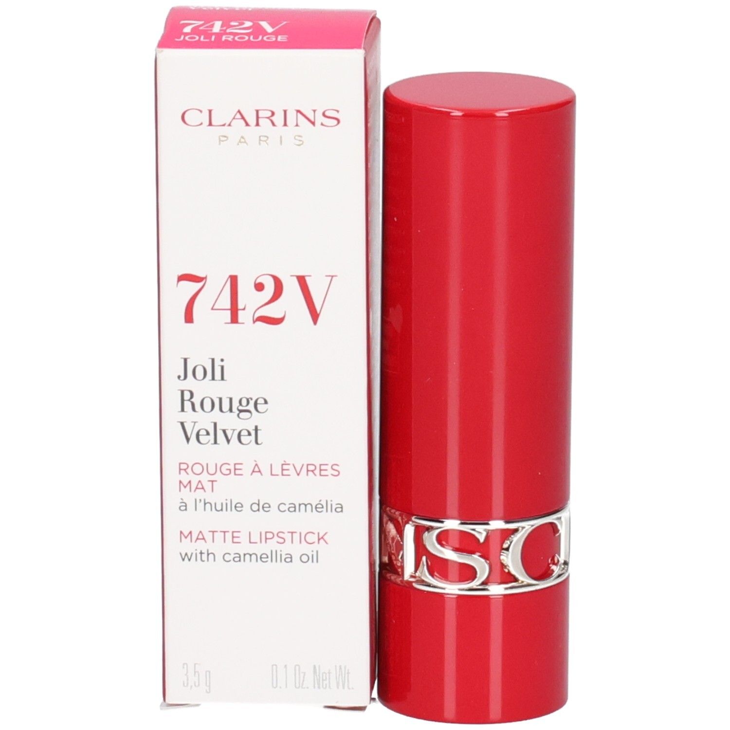 Clarins Joli Rouge Velvet 742V lippenstift in rood met zilveren CLARINS-logo. Kartonnen verpakking ernaast.