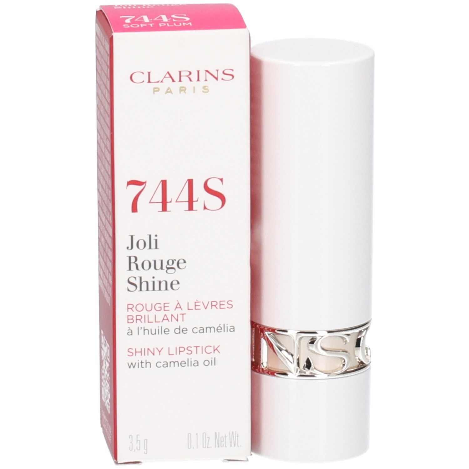 Clarins Joli Rouge Shine lipstick, kleur 744S Soft Plum, in witte huls met zilveren ring.