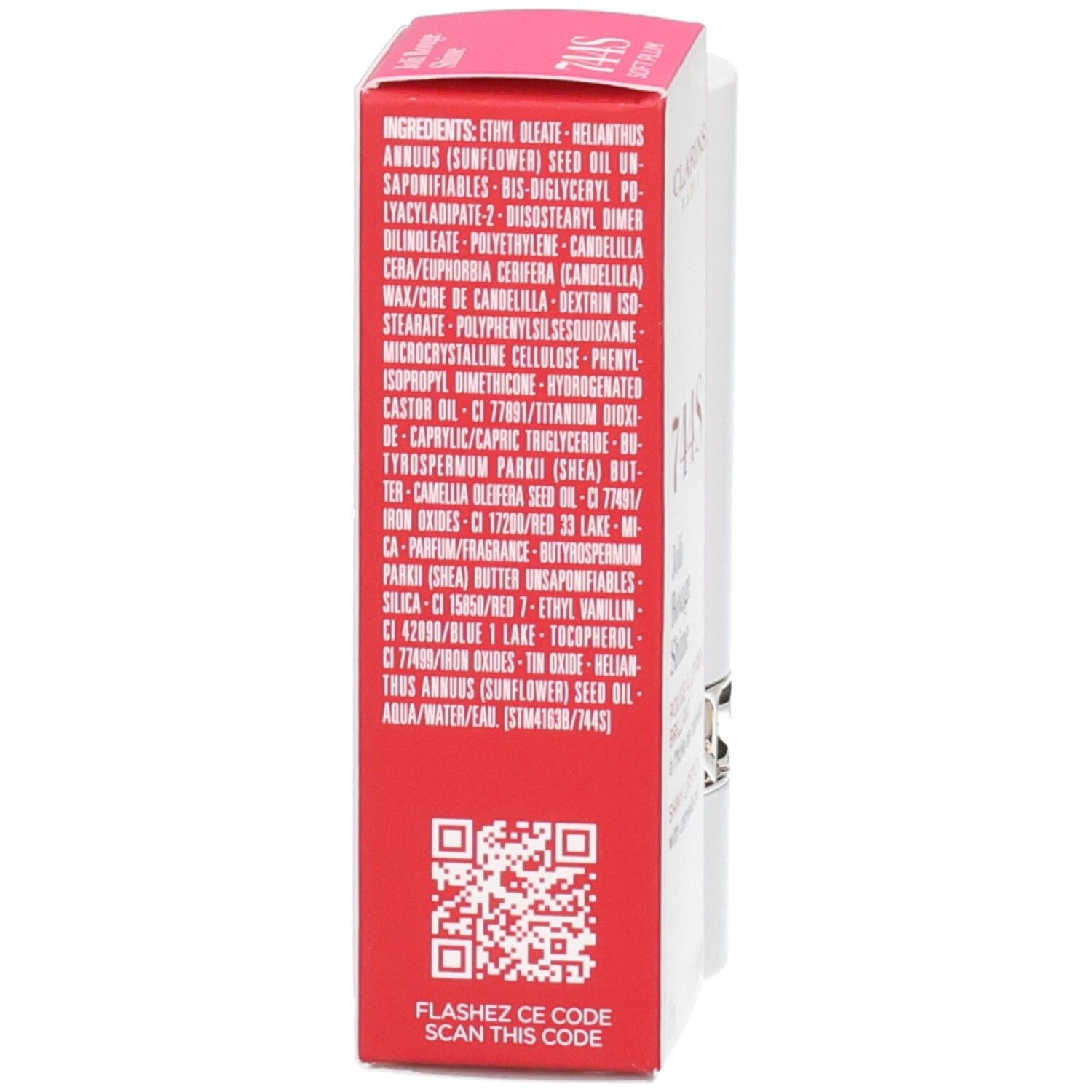 Achterkant van de Clarins Joli Rouge Shine verpakking met ingrediëntenlijst en QR-code.