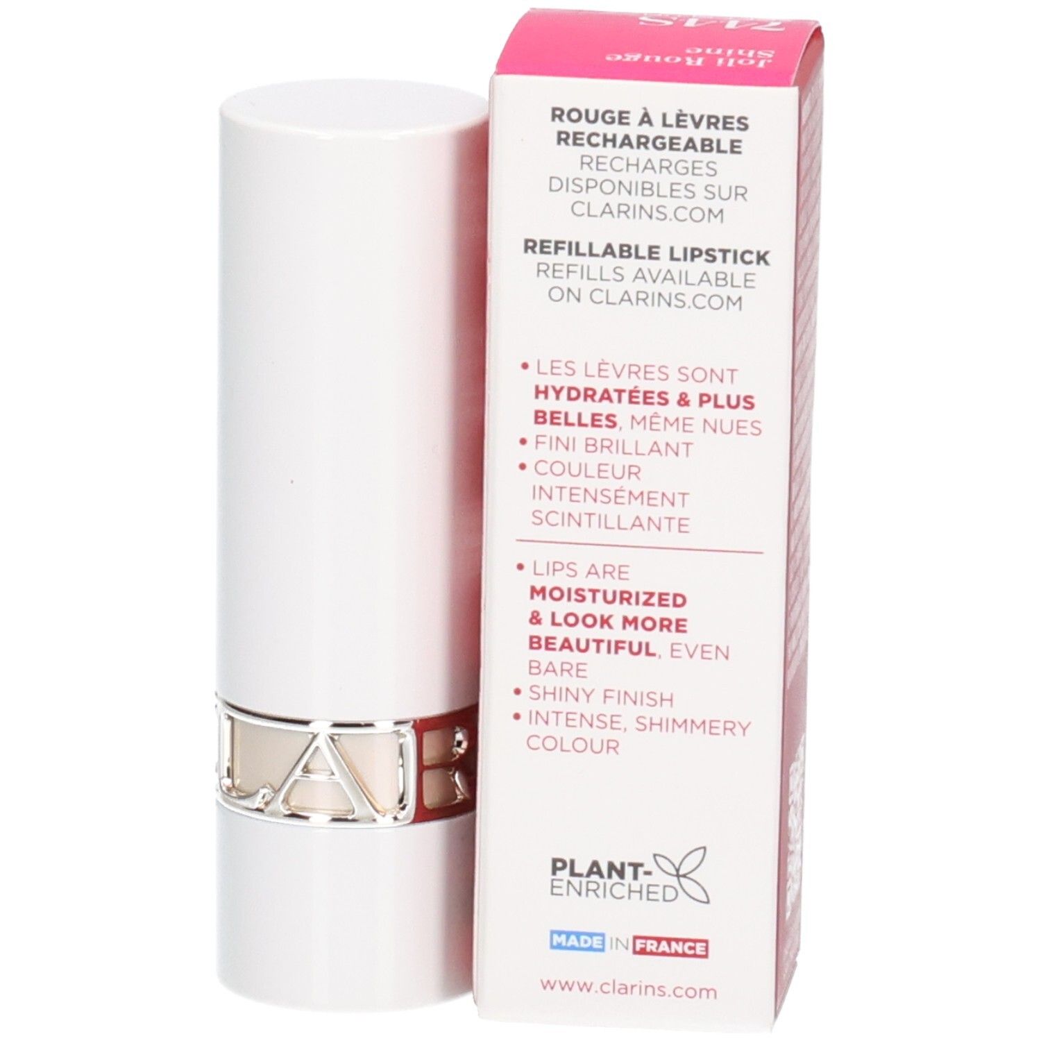 Navulbare Clarins Joli Rouge Shine lipstick, witte huls met zilveren ring.