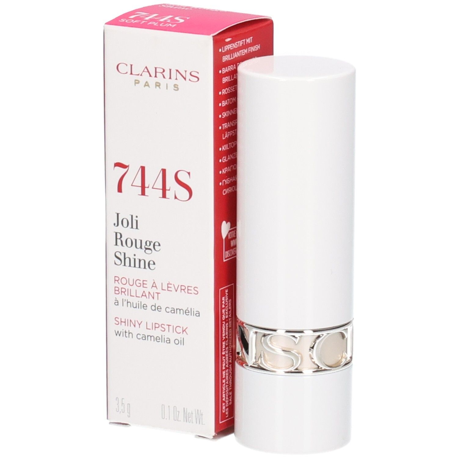 Clarins Joli Rouge Shine lipstick, kleur 744S Soft Plum, witte huls met zilveren ring en verpakking.