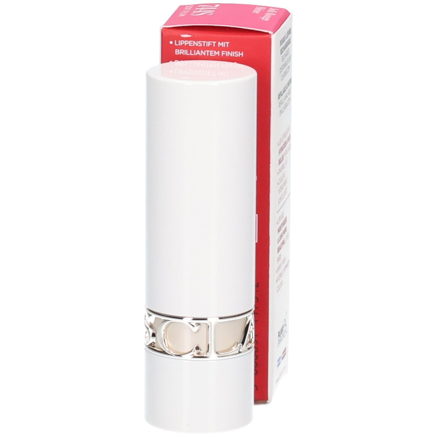 Clarins Joli Rouge Shine lipstick in witte huls met zilveren ring, gedeeltelijk in verpakking.