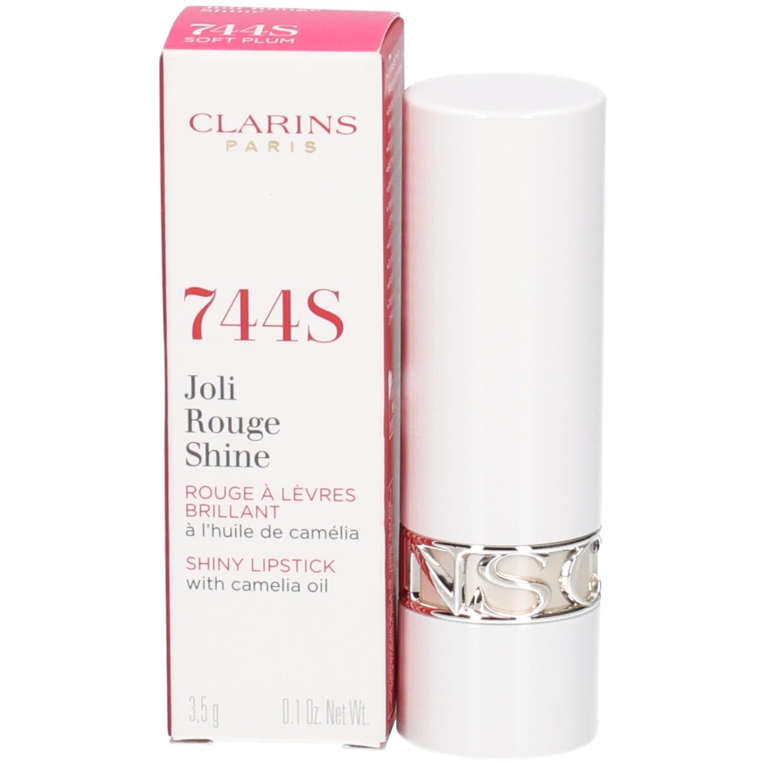Clarins Joli Rouge Shine lipstick, kleur 744S Soft Plum, witte huls met zilveren ring en verpakking.