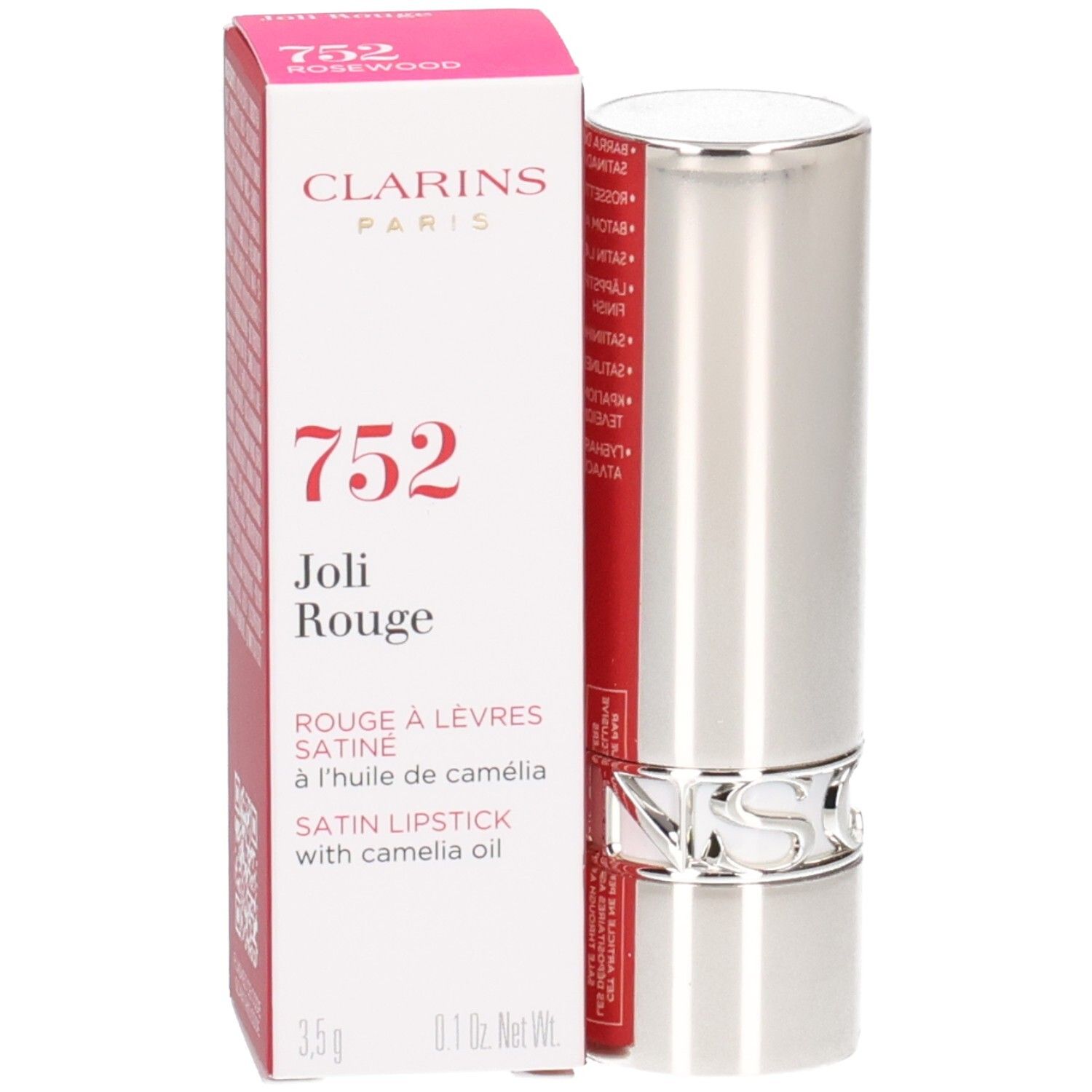 Rouge à lèvres Clarins Joli Rouge 752 Rosewood, tube argenté et boîte rouge.