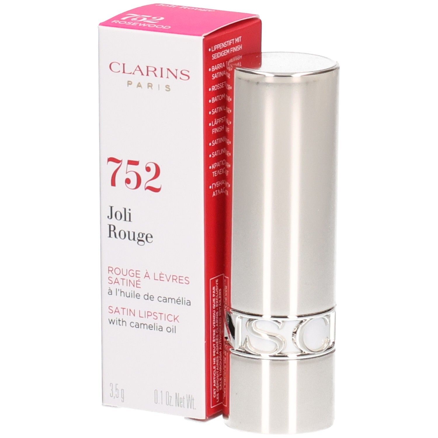 Rouge à lèvres Clarins Joli Rouge 752 Rosewood, tube argenté et boîte rouge.