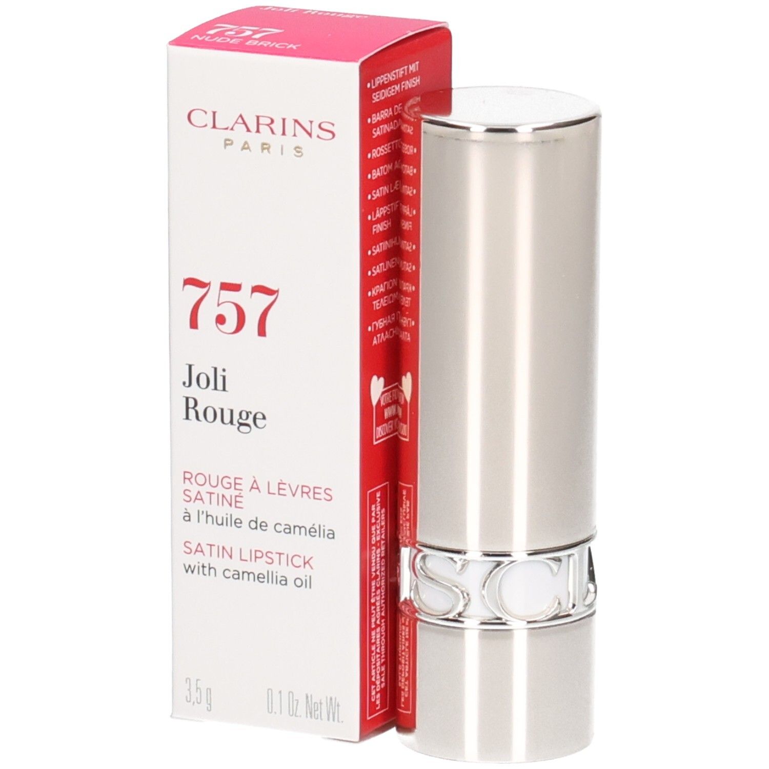 Rouge à Lèvres Satin Joli Rouge 757 de Clarins dans un tube argenté avec boîte.