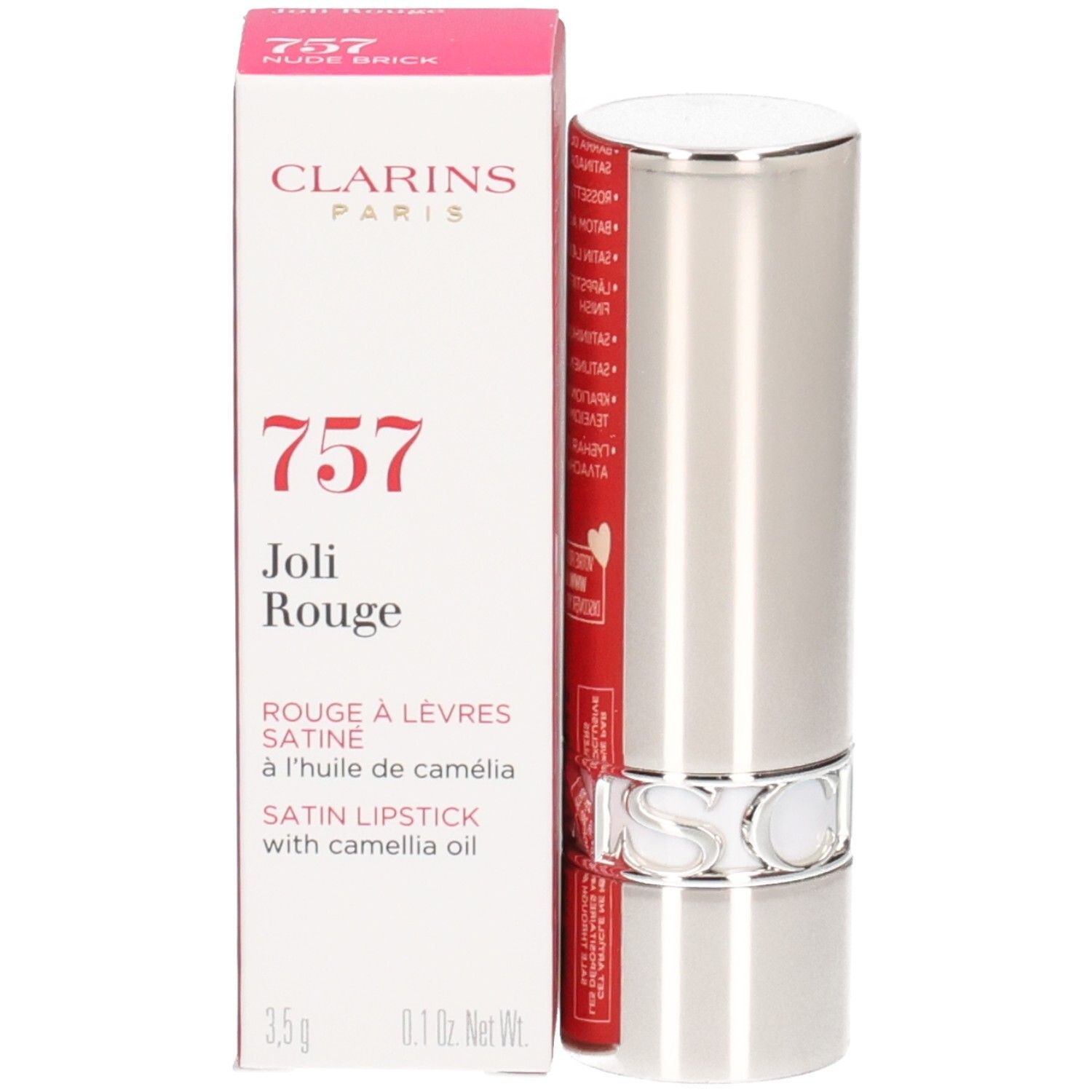 Rouge à Lèvres Satin Joli Rouge 757 de Clarins dans un tube argenté avec boîte.