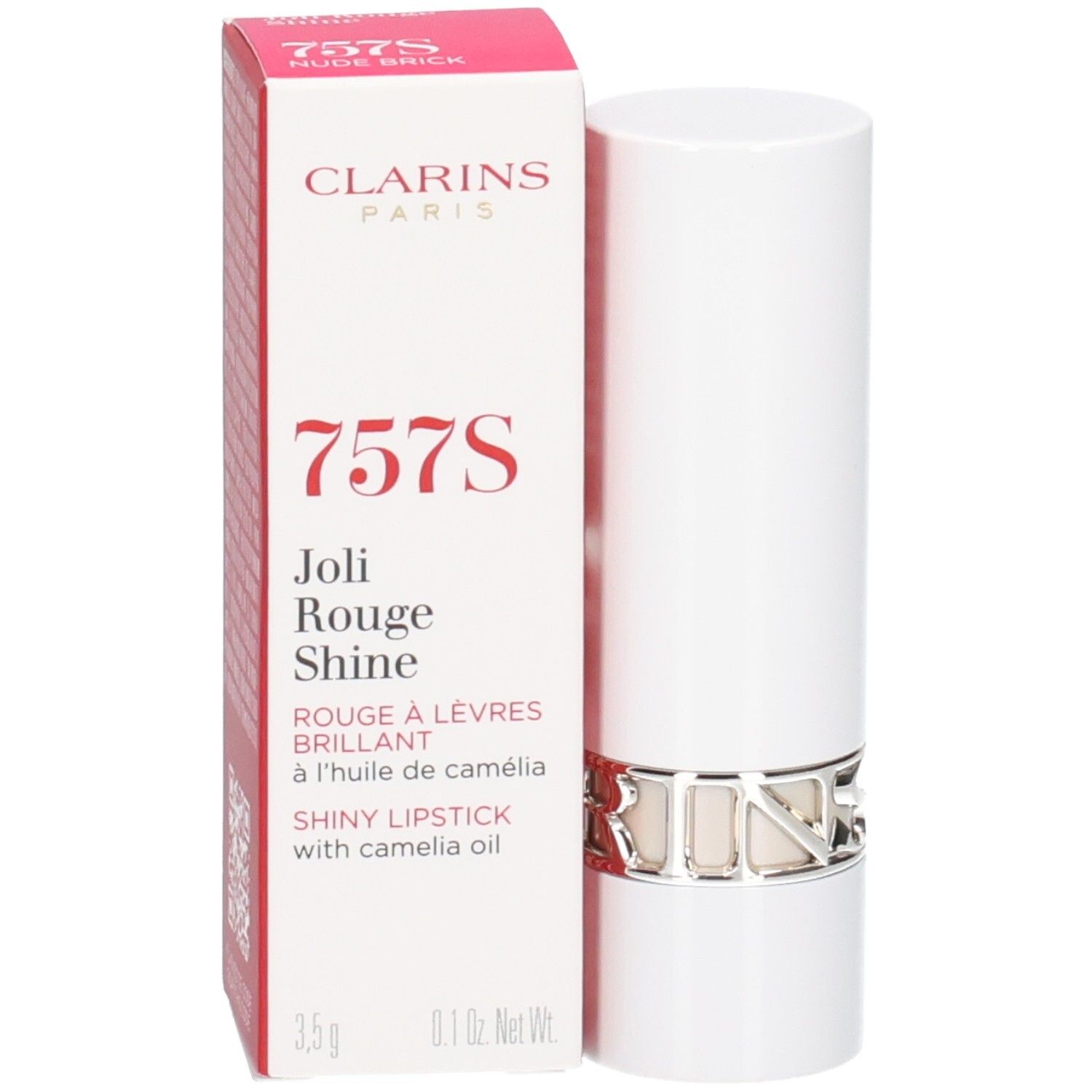 Clarins Joli Rouge Satin Lippenstift 757S Nude Brick in witte huls met zilveren ring en verpakking.