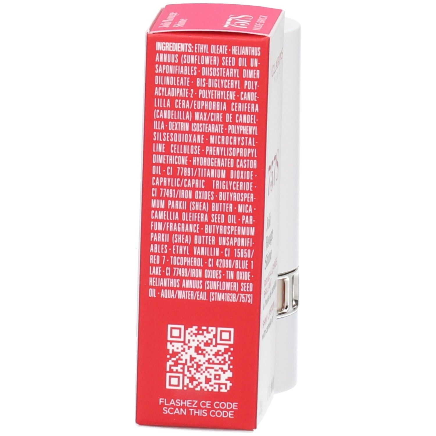 Clarins Joli Rouge Satin Lippenstift 757S Nude Brick, achterkant verpakking met ingrediënten en QR-code.