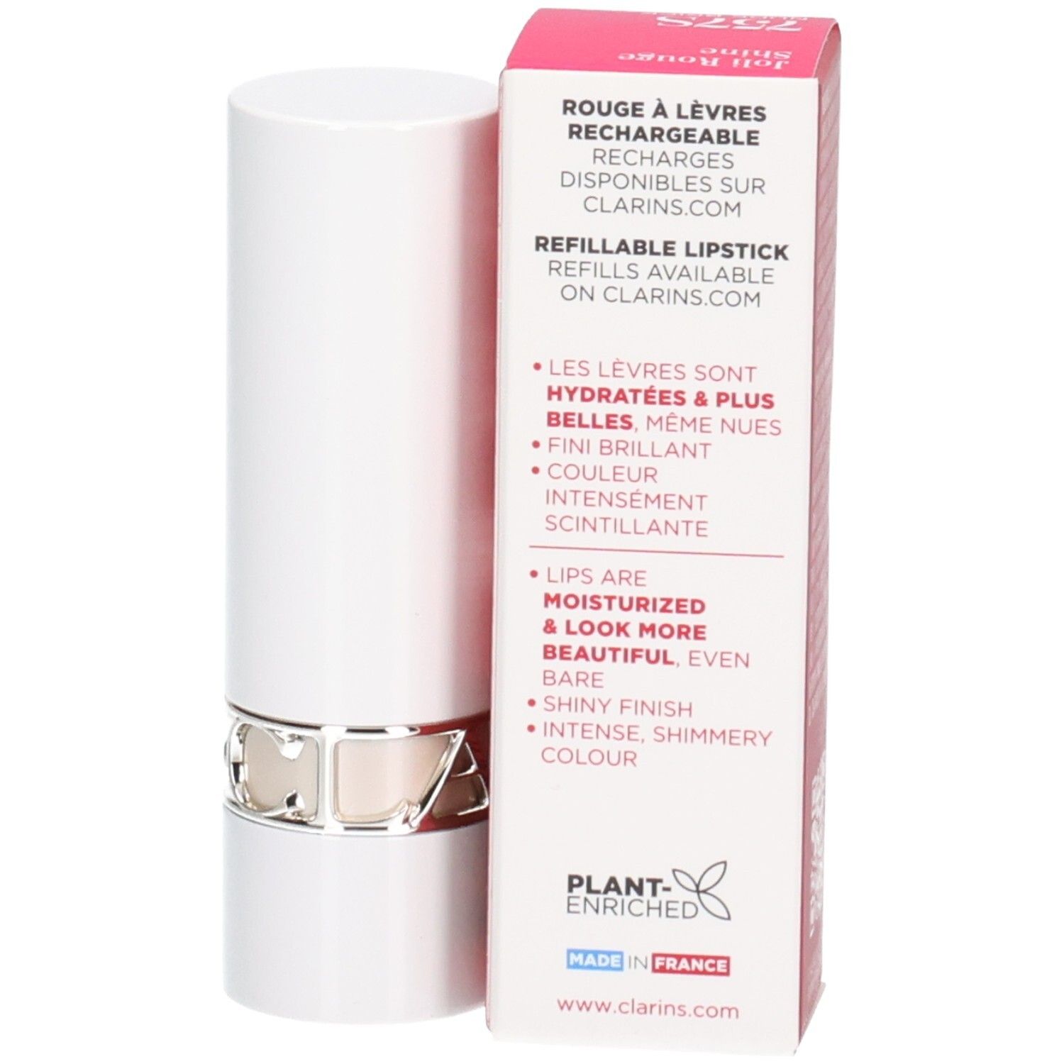Clarins Joli Rouge Satin Lippenstift 757S Nude Brick, navulbaar, met informatie over navullen.