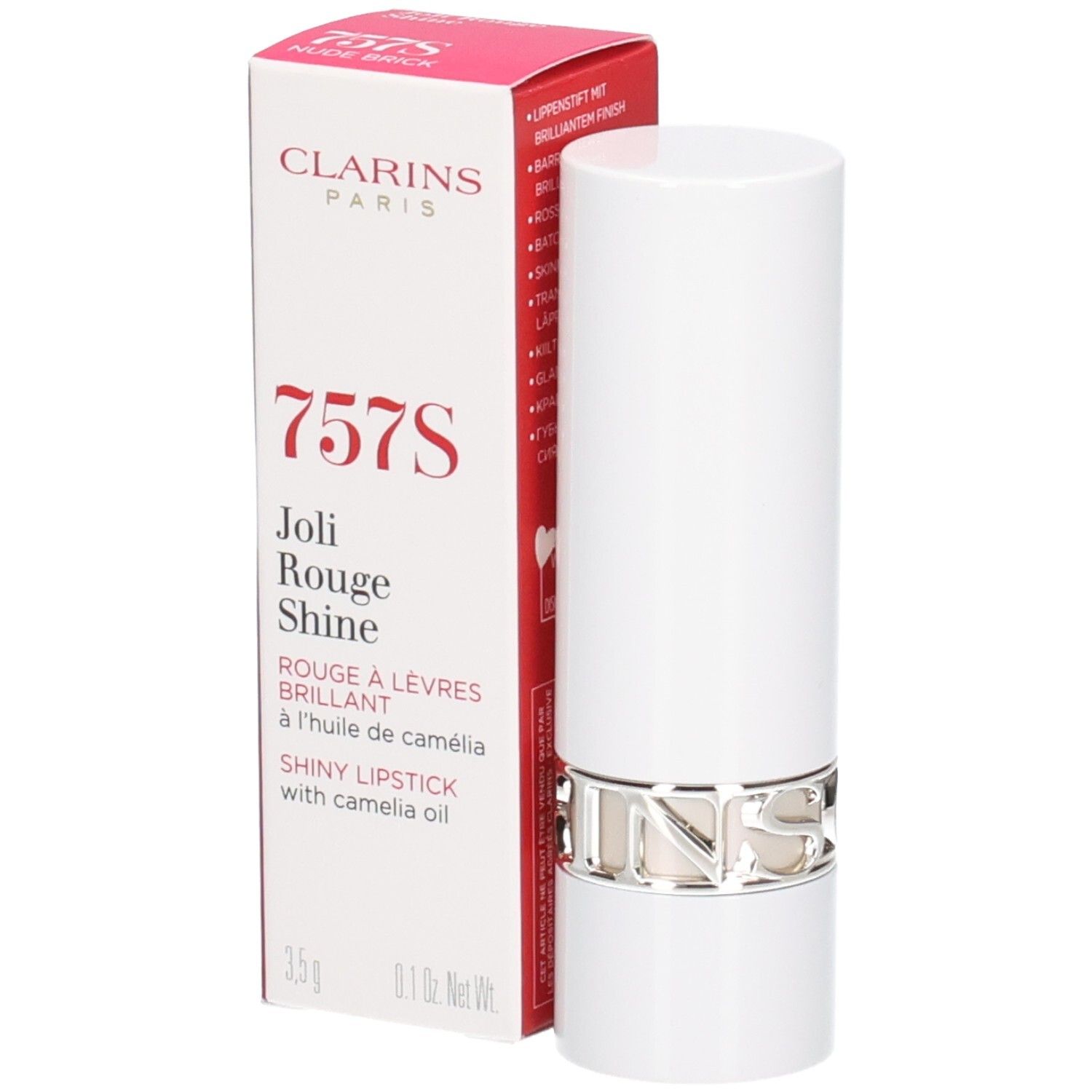 Clarins Joli Rouge Satin Lippenstift 757S Nude Brick in witte huls met zilveren ring en verpakking.