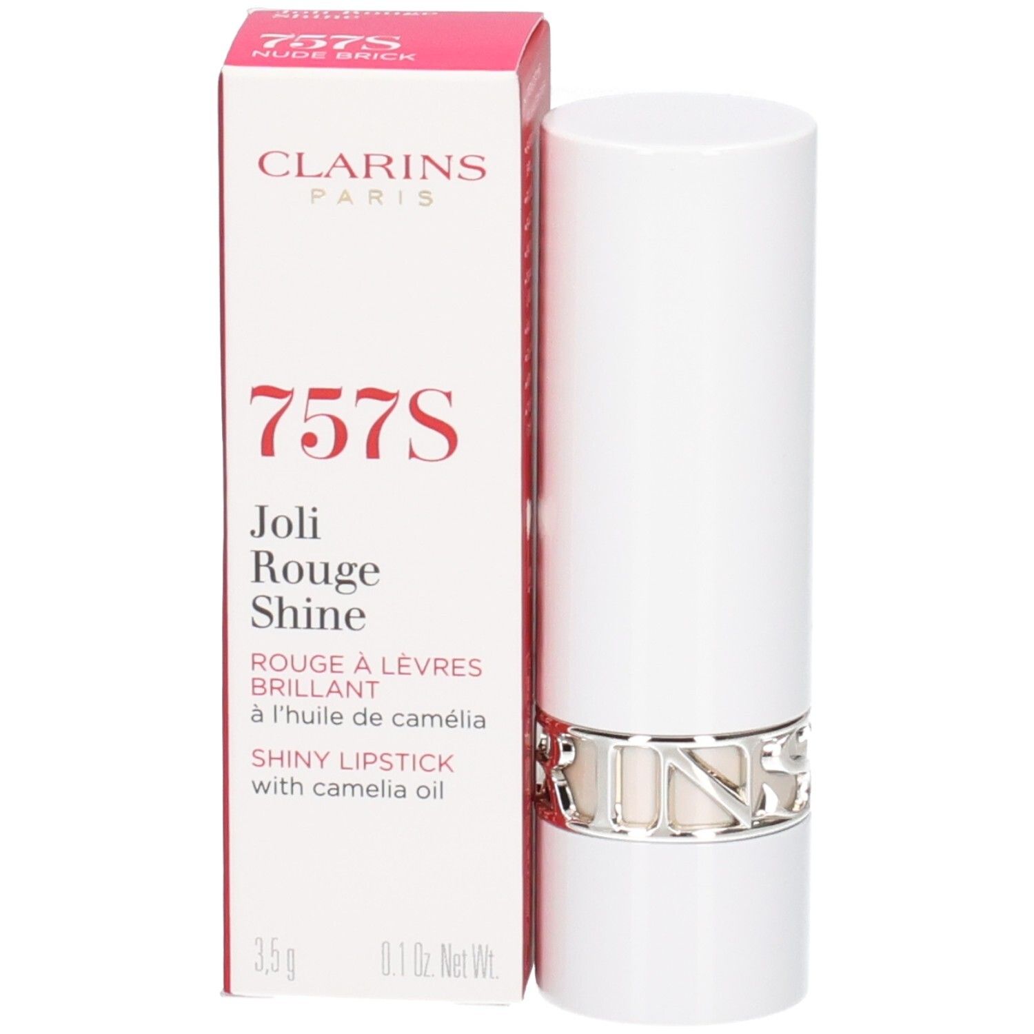 Clarins Joli Rouge Satin Lippenstift 757S Nude Brick in witte huls met zilveren ring en verpakking.